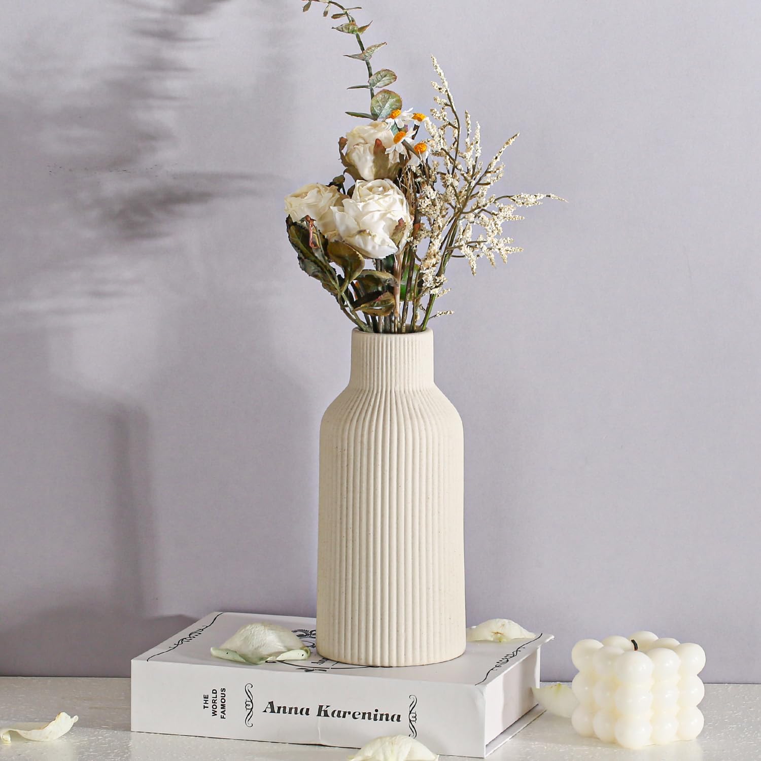 Bohemian Beige Ceramic Vase - for Pampas Grass, Mantel, Bookshelf, Entryway and Living Room Decor (Beige, 7in) - Image 5