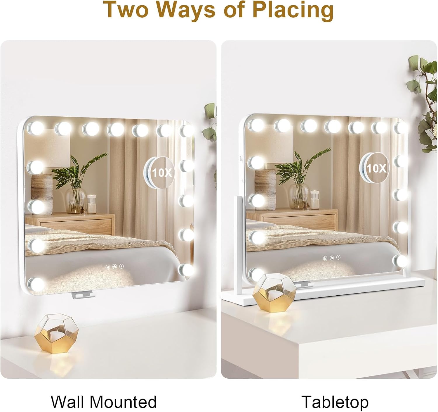 CROWNSHOP Hollywood Vanity Mirror with LED Lights, 58×53 cm, 15 Dimmable Bulbs, 3 Colour Settings, 360° Rotation, 10x Magnification, USB Ports