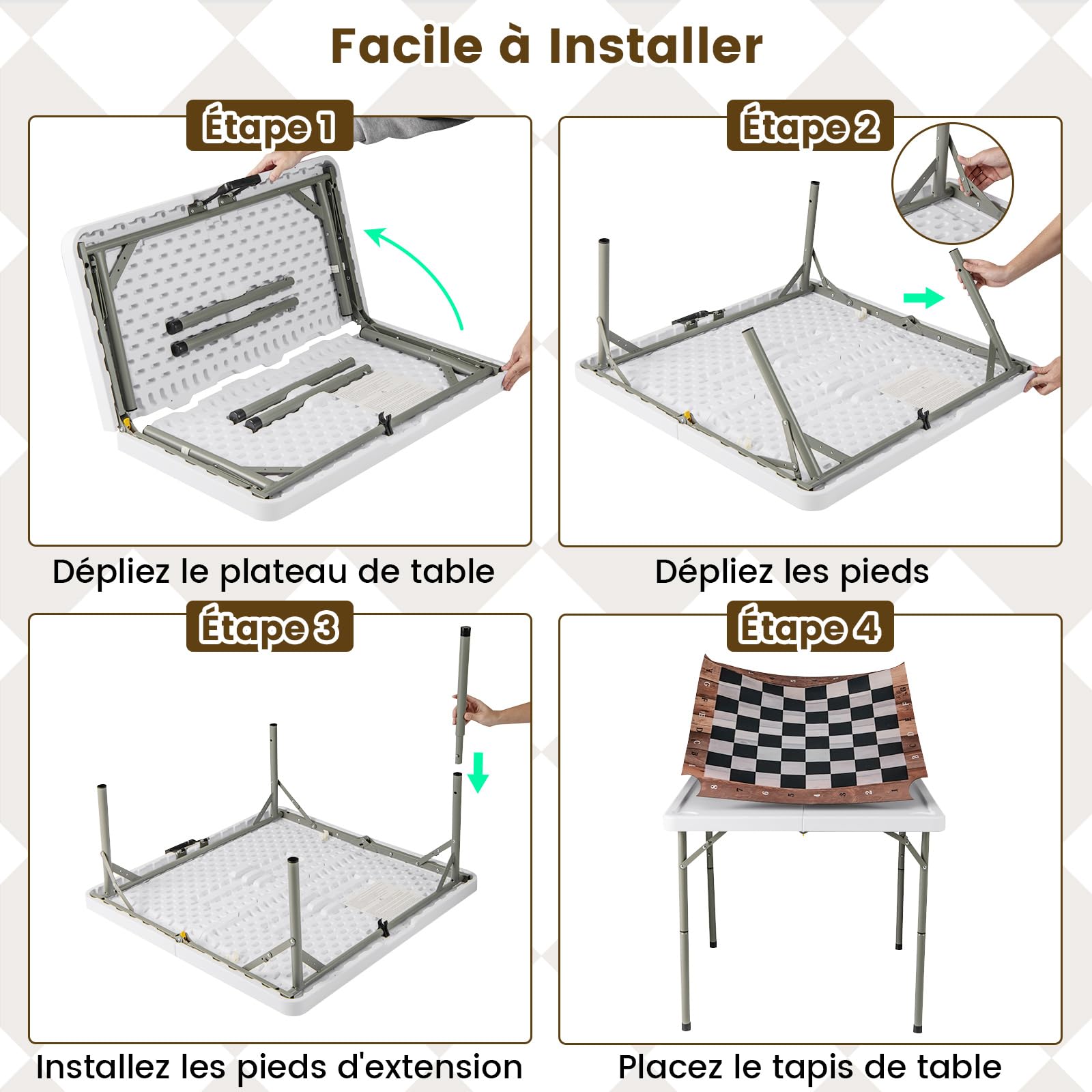 COSTWAY Table d'échecs Pliable 90x90cm avec Tapis & 4 Porte-gobelets, Table Carrée de Jeu en Plastique Portable avec Poignée & Patins Antidérapants, Echiquier pour Fête Pique-Nique Camping