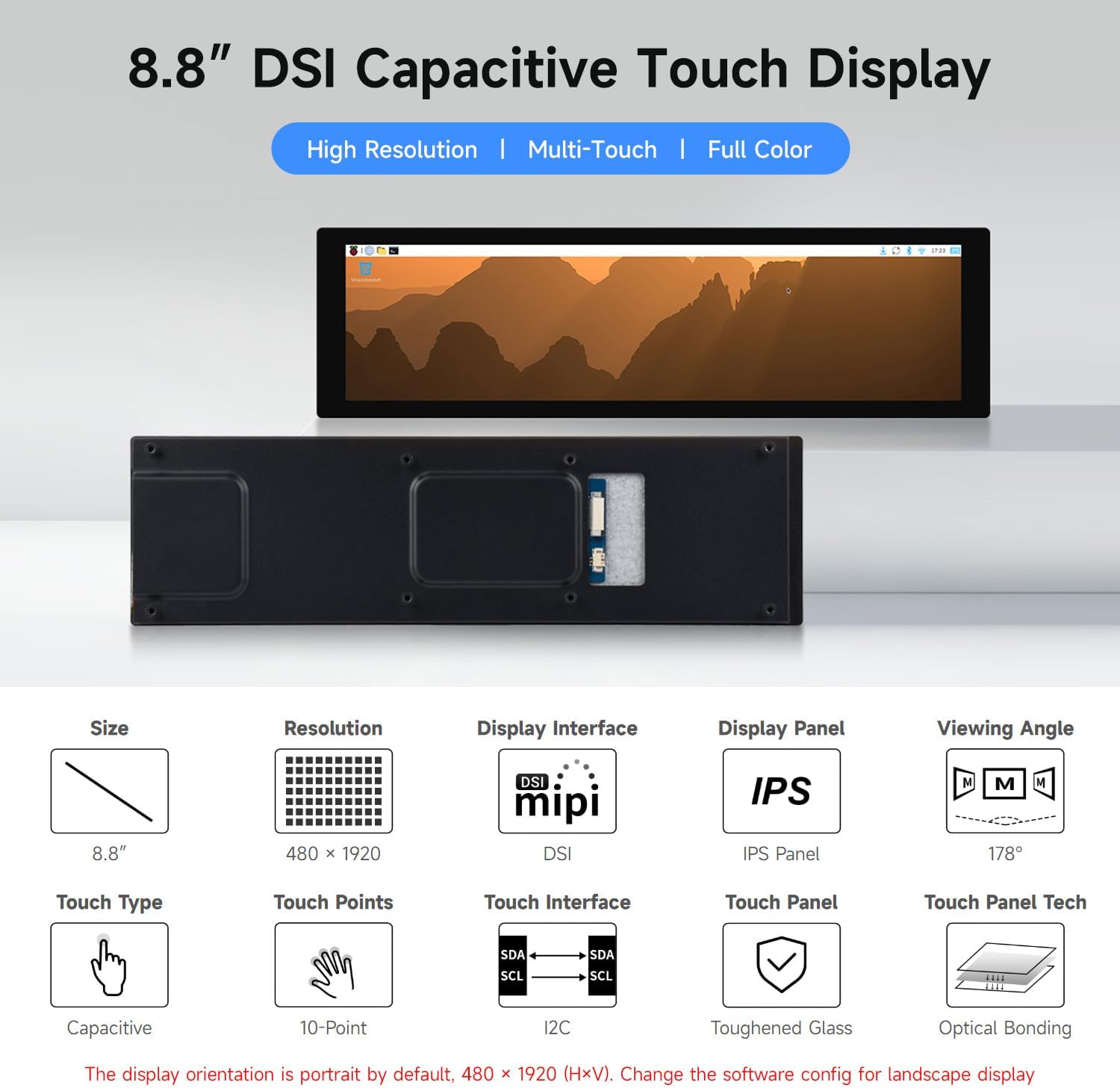 Waveshare 8.8inch DSI Capacitive Touch Display, IPS Panel, 480 × 1920 Resolution, 10-Point Touch, Supports Backlight Adjustment Via Software