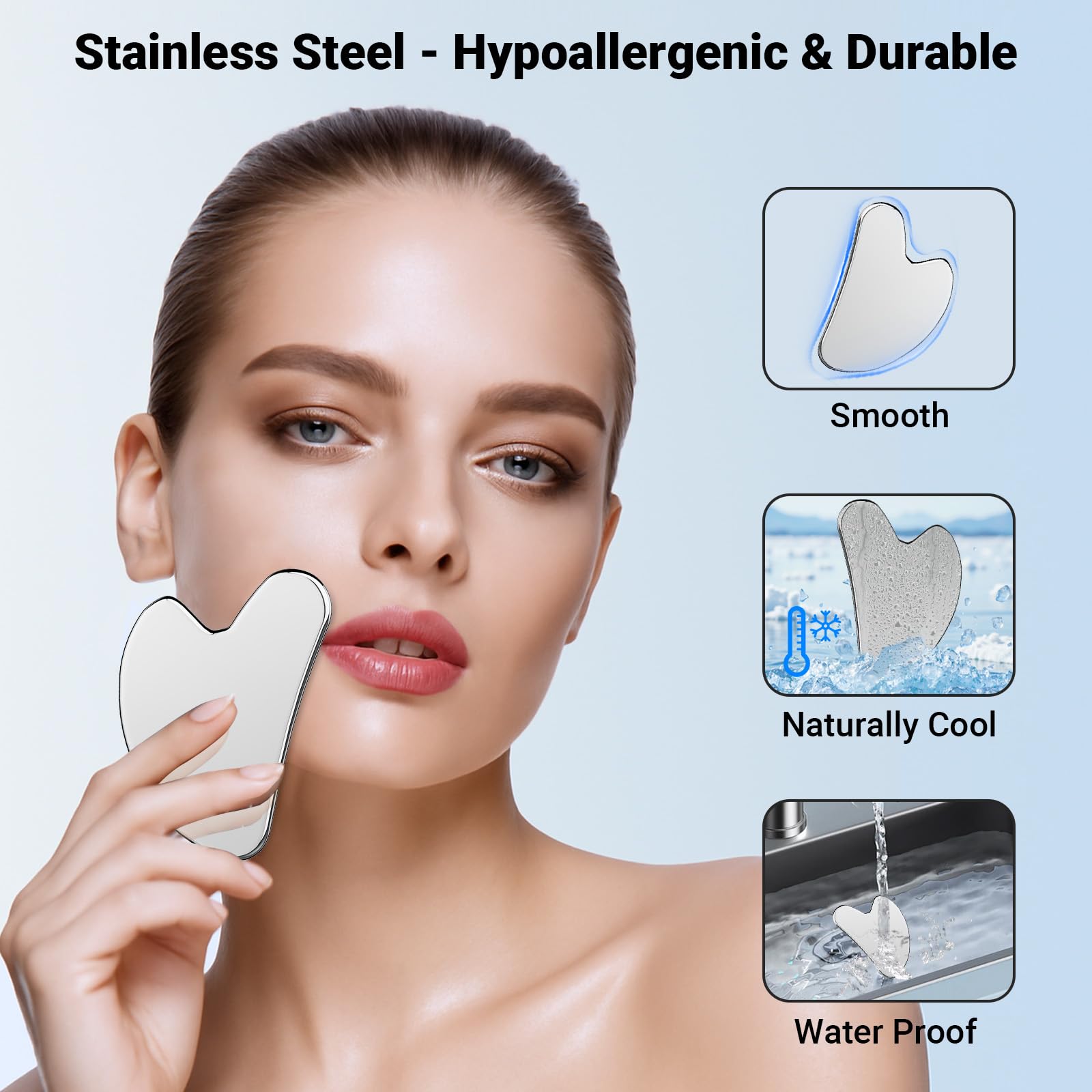 Alyvisun Gua Sha ze stali nierdzewnej, narzędzie Gua Sha do zmniejszania opuchlizny, chłodząca płytka do masażu twarzy z woreczkiem i ściereczką do czyszczenia