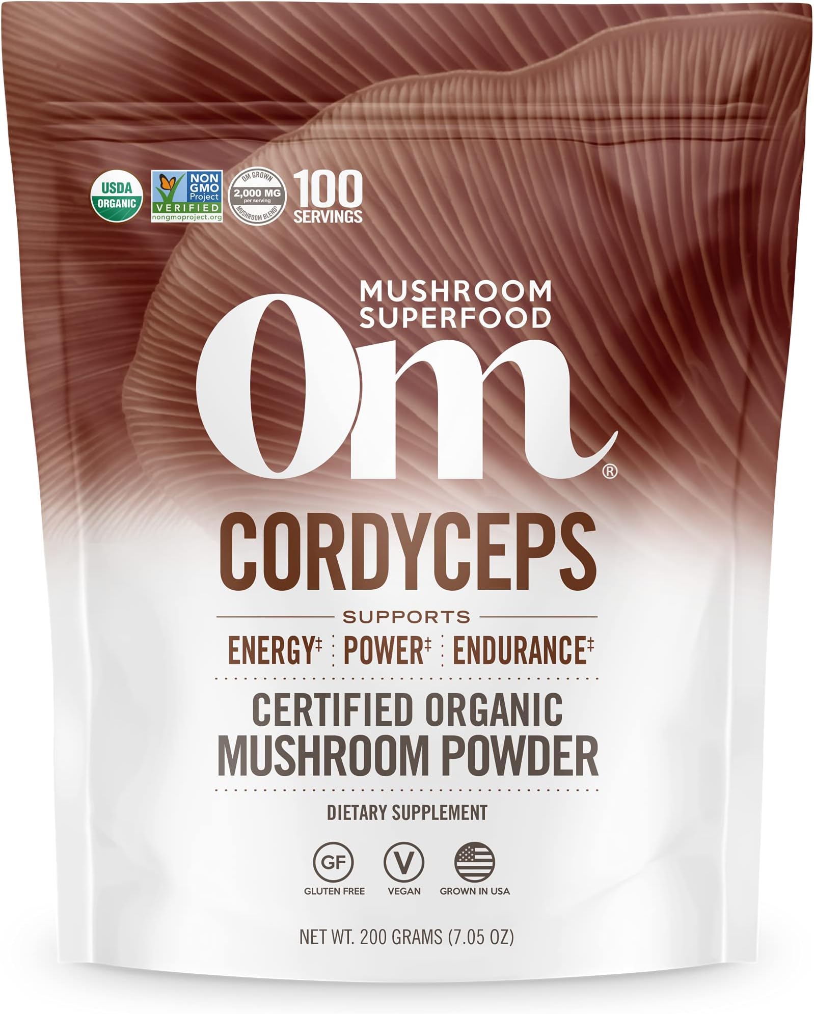 Om Mushroom Superfood Cordyceps Organic Mushroom Powder, 7.05 Ounce Pouch, 100 Servings, Energy, Power, Stamina and Endurance Support, Superfood Supplement for Sports Performance
