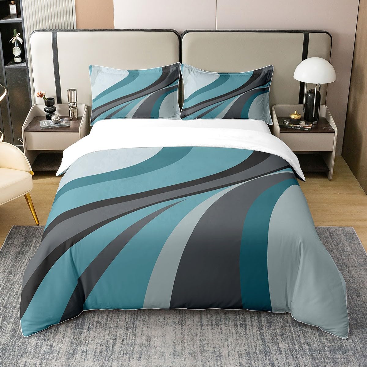 Abstract Swirls 100% Cotton Duvet Cover King Size, Black White Grey Bedding Set for Kids Boys Girls, Lines Comforter Cover Bedroom Decor, Modern Geometric Quilt Cover with 2 Pillow Shams