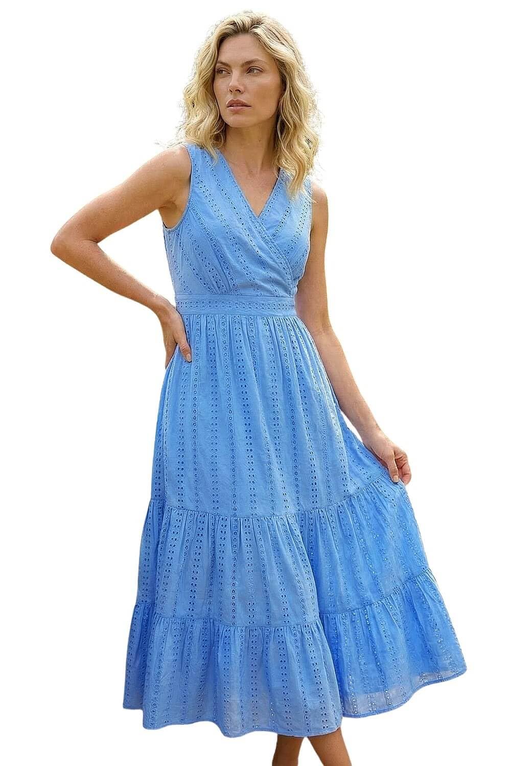 Roman Women's Light Blue Embroidered V-Neck Midi Dress In | Size: 12