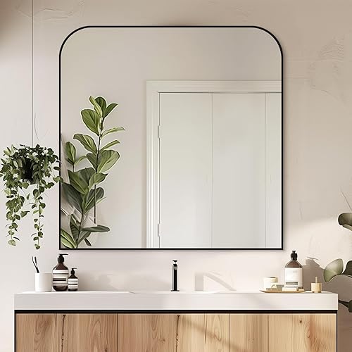 Bathroom Mirror, Wall Mirrors, Black Metal Framed Wall-Mounted Mirrors, Bathroom
