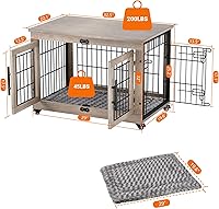 Vista 5 de Mueble de jaula para perros con cojín, perrera de madera para perros con puertas dobles, mesa auxiliar de jaula para perros resistente con ruedas