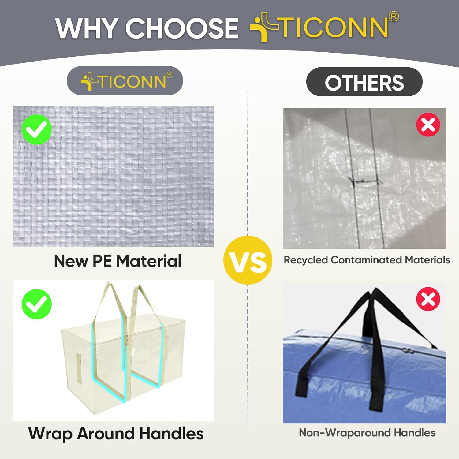 TICONN 6 Pack Extra Large Moving Bags Heavy Duty with Zippers & Carrying Handles, Durable Storage Bags Moving Boxes for Closet Organizers and Storage (6 Pack, Cream) - Image 4