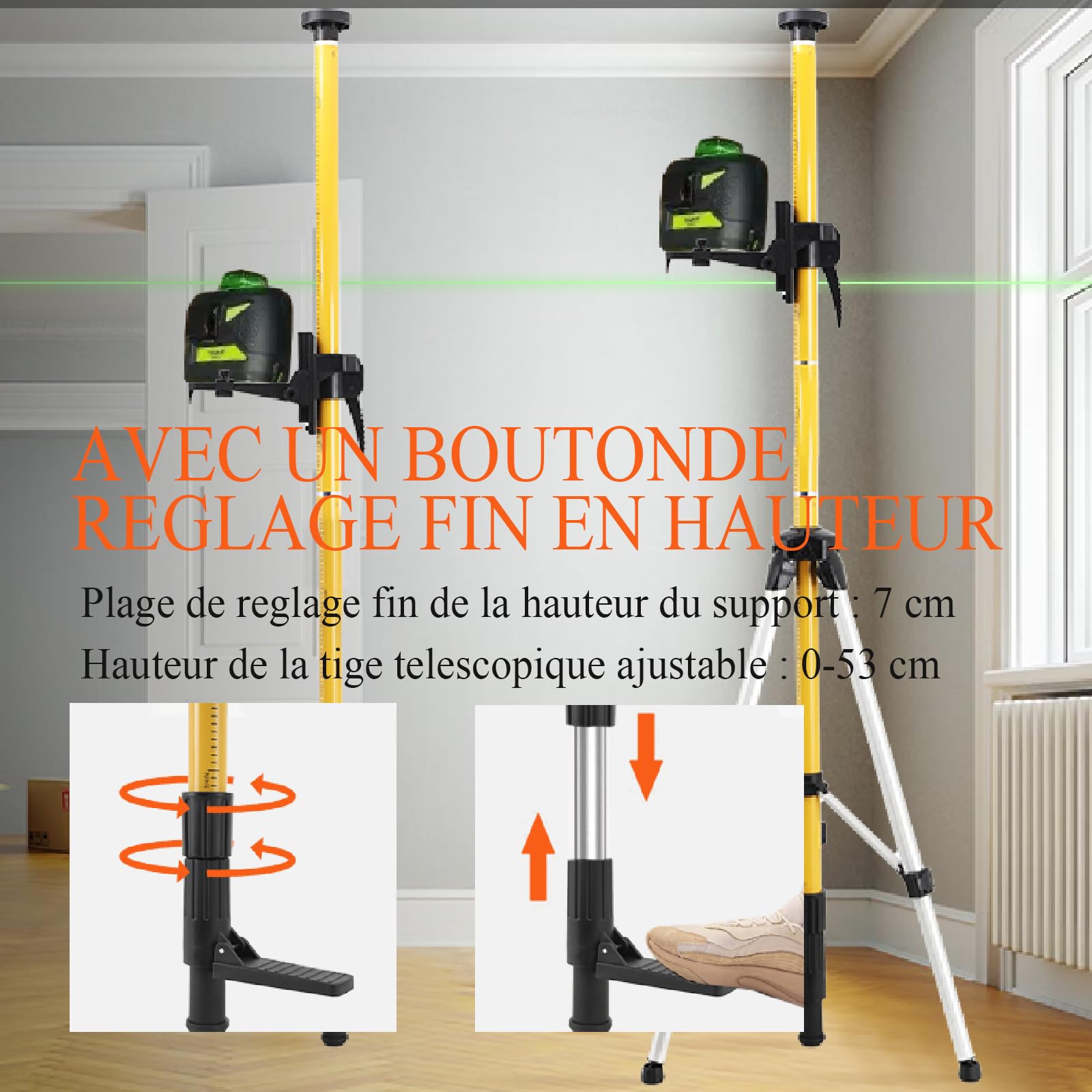 Perche télescopique 3,6m,Niveau Laser Perche Télescopique, Pôle de Montage Pour Laser Rotatif et Niveau Laser avec trépied avec Filetage Mâle 1/4-20 et Adaptateur Fileté 5/8-11