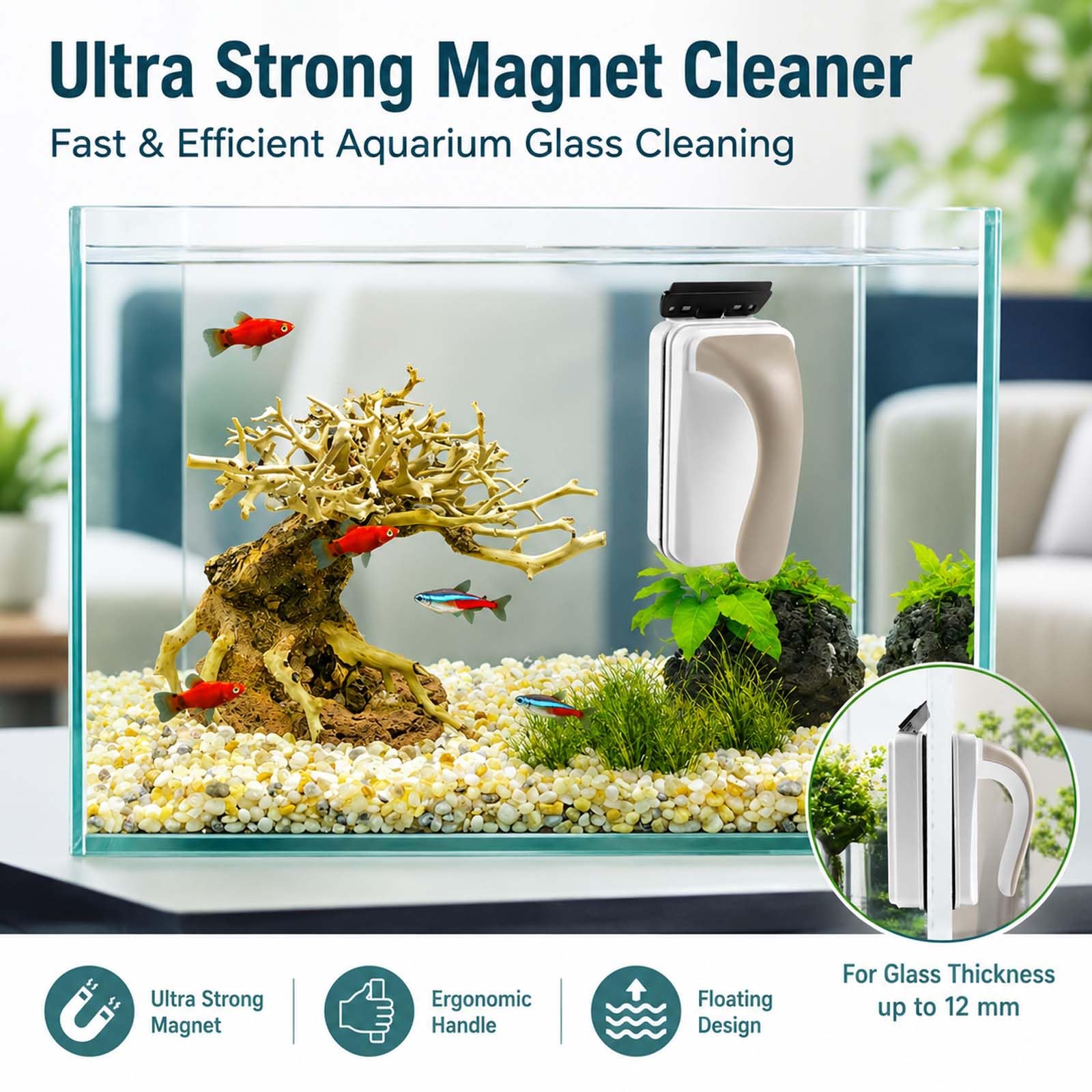 Aquarium Scheibenreiniger Magnet, Starker Scheibenreiniger Aquarium mit Abnehmbarem Schaber, Magnetischer Algenreiniger & Fish Tank Glasreiniger für Aquarien bis 12 mm Glasdicke