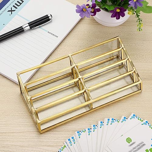 Miniatura 3 de Hipiwe Soporte de cristal para tarjetas de presentación con 8 ranuras para tarjetas de presentación, soporte de almacenamiento de metal dorado,