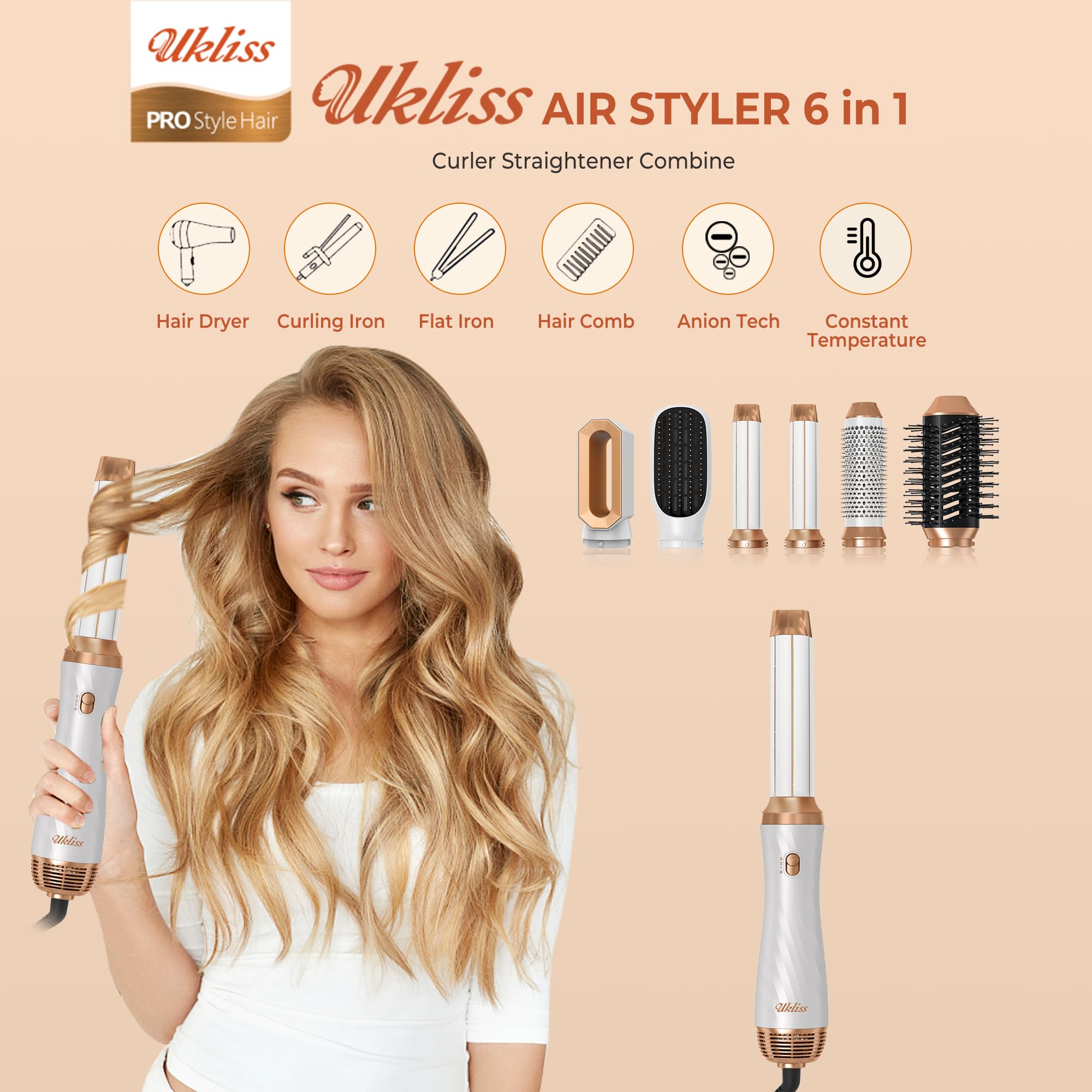 Airstyler 6 en 1, UKLISS Secador Pelo Profesional con Rizador Pelo Automatico Hair Straightener Thermal Brush Hair Curler Hair Dryer, Cepillo Alisador Pelo para Volumen, Doblar, Suavizar, Secar