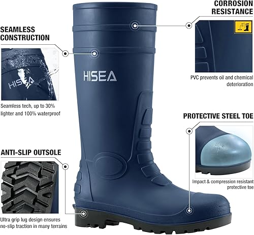 Miniatura 3 de HISEA Botas de lluvia con punta de acero para hombre, botas de goma de PVC, botas de trabajo impermeables para pesca en jardín, botas de trabajo al