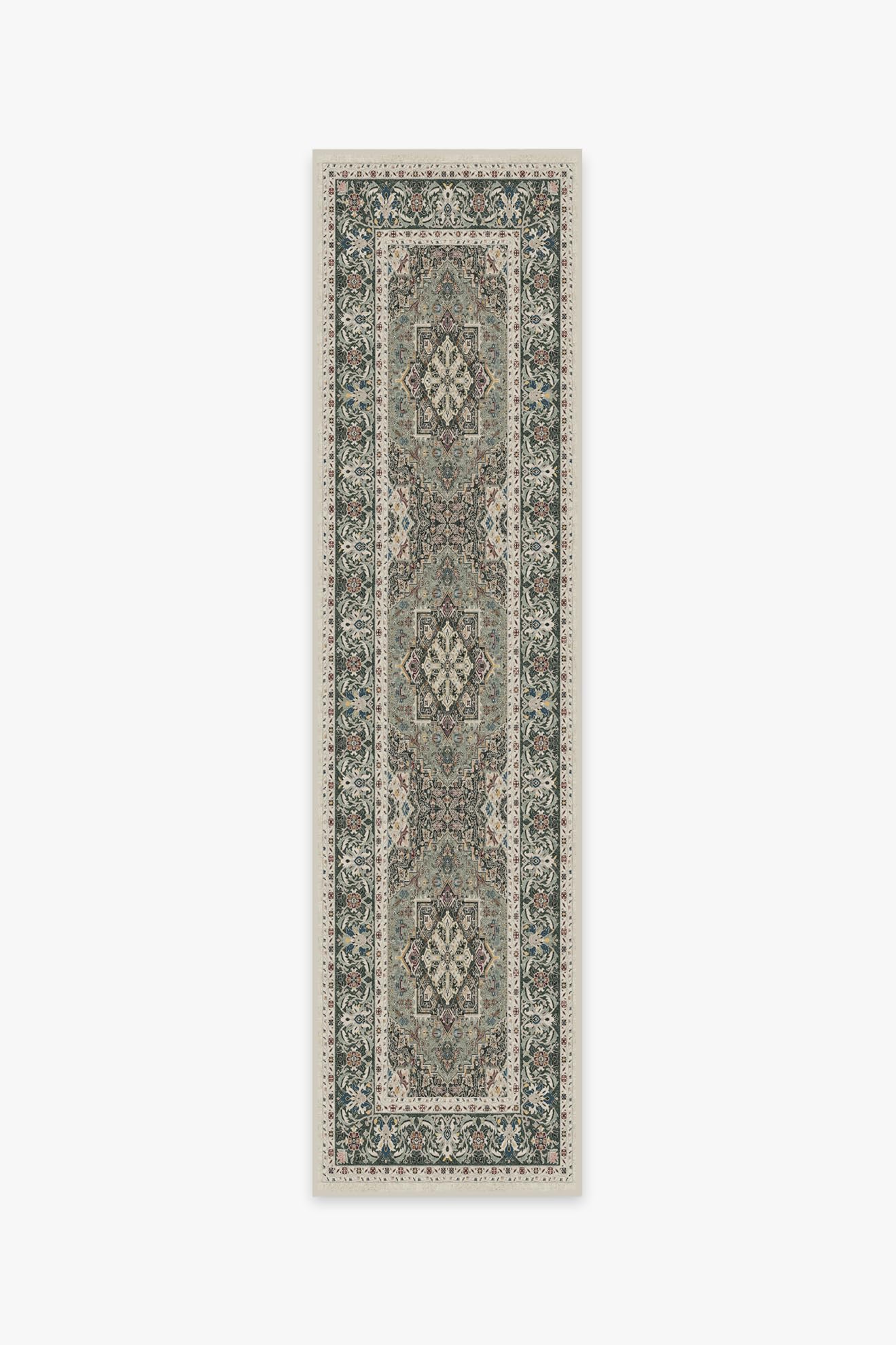 RUGGABLE Washable Vintage Runner Rug – Hendesi Heriz Sage 2.5x10, Stain-Resistant, Non-Slip Hallway Runner with Cushioned Pad – Machine Washable Rug for Hallway, Entryway, Living Room & Kitchen