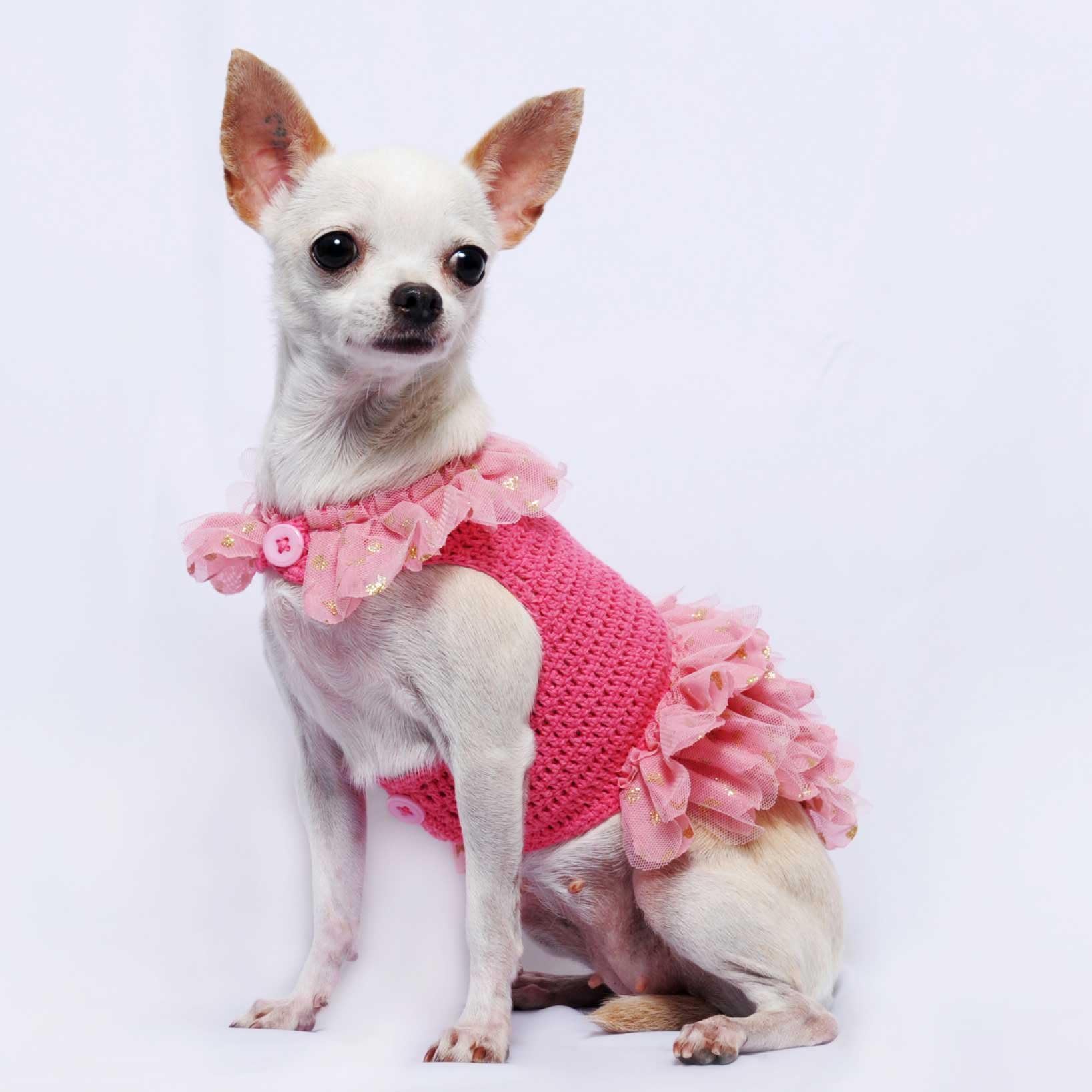 Barbie Dog Dresses Fluffy Tulle Gold Glitter Pink Peach Ballerina Pet Costumes Handmade Crochet Df50 By Myknitt (XXS)