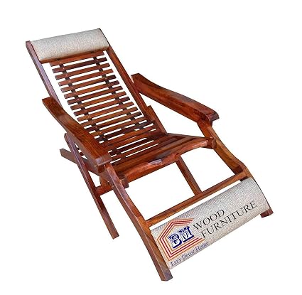 FrontWood Furniture Sheesham Wood Folding Relaxing Beach Chair | Recliner/Reclining | Foldable Easy Chair | with Arm Rest | Natural Brown Finish