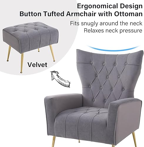 Miniatura 4 de ODUWA Silla decorativa de terciopelo con otomana, sillas decorativas modernas con reposabrazos y respaldo, silla capitoné con botones, sillón