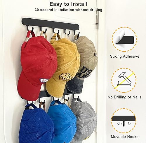 Miniatura 5 de ETOWIFA Organizador de sombreros para gorras de béisbol hasta 37, soporte para sombreros sobre la puerta para armario con 7 bandas de fieltro y 3