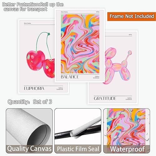 Miniatura 2 de Juego de 3 pósteres abstractos coloridos de cereza excitada de moda, bonito globo de perro, lienzo rosa, estilo de los años 70, pintura para el