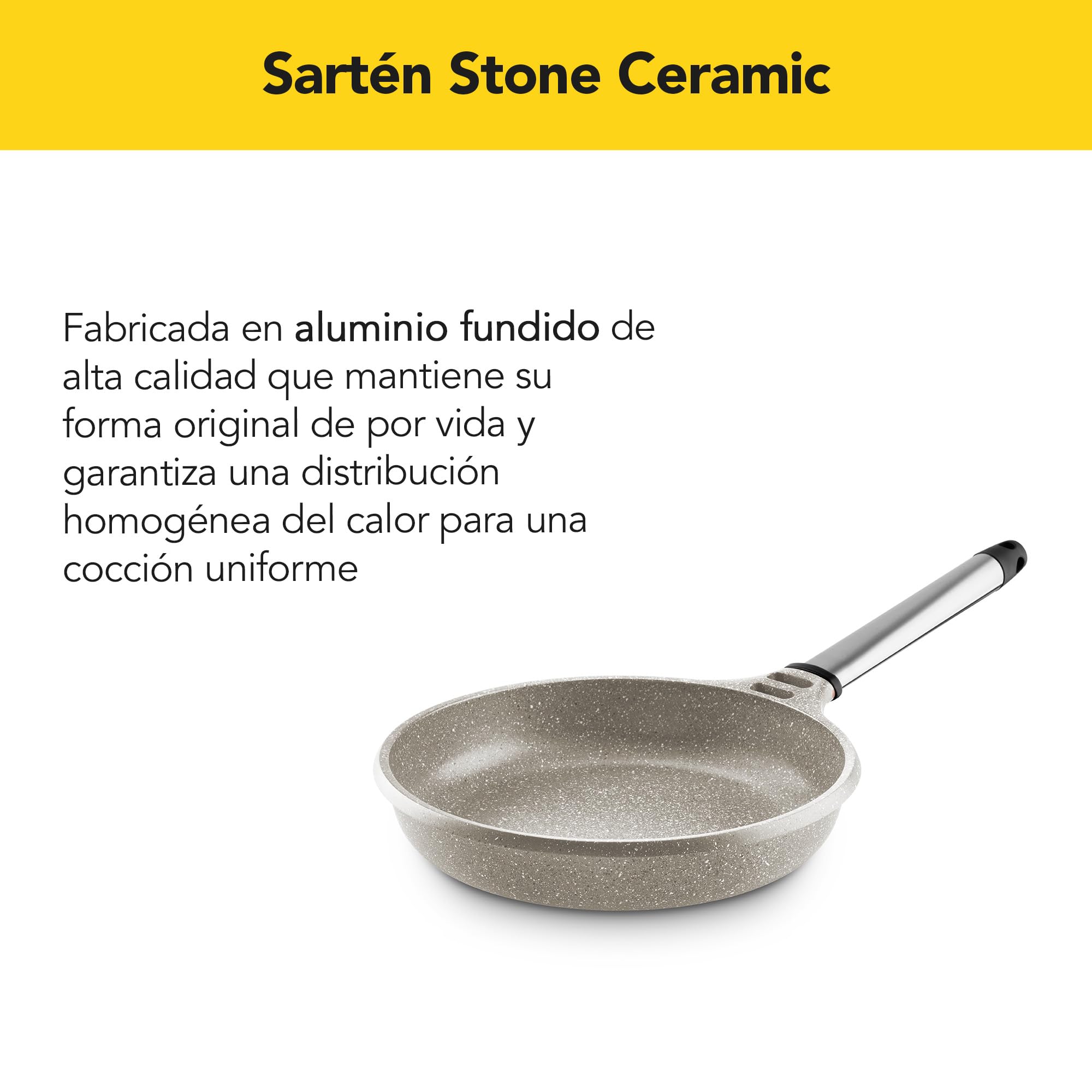 Castey - Sartén Stone Ceramic 24 cm, Acabado Gris, Mango Desmontable de Madera Natural, Aluminio Fundido, Antiadherente Cerámico Durion PFAS Free, Full Induction, Apta para Todas las Cocinas