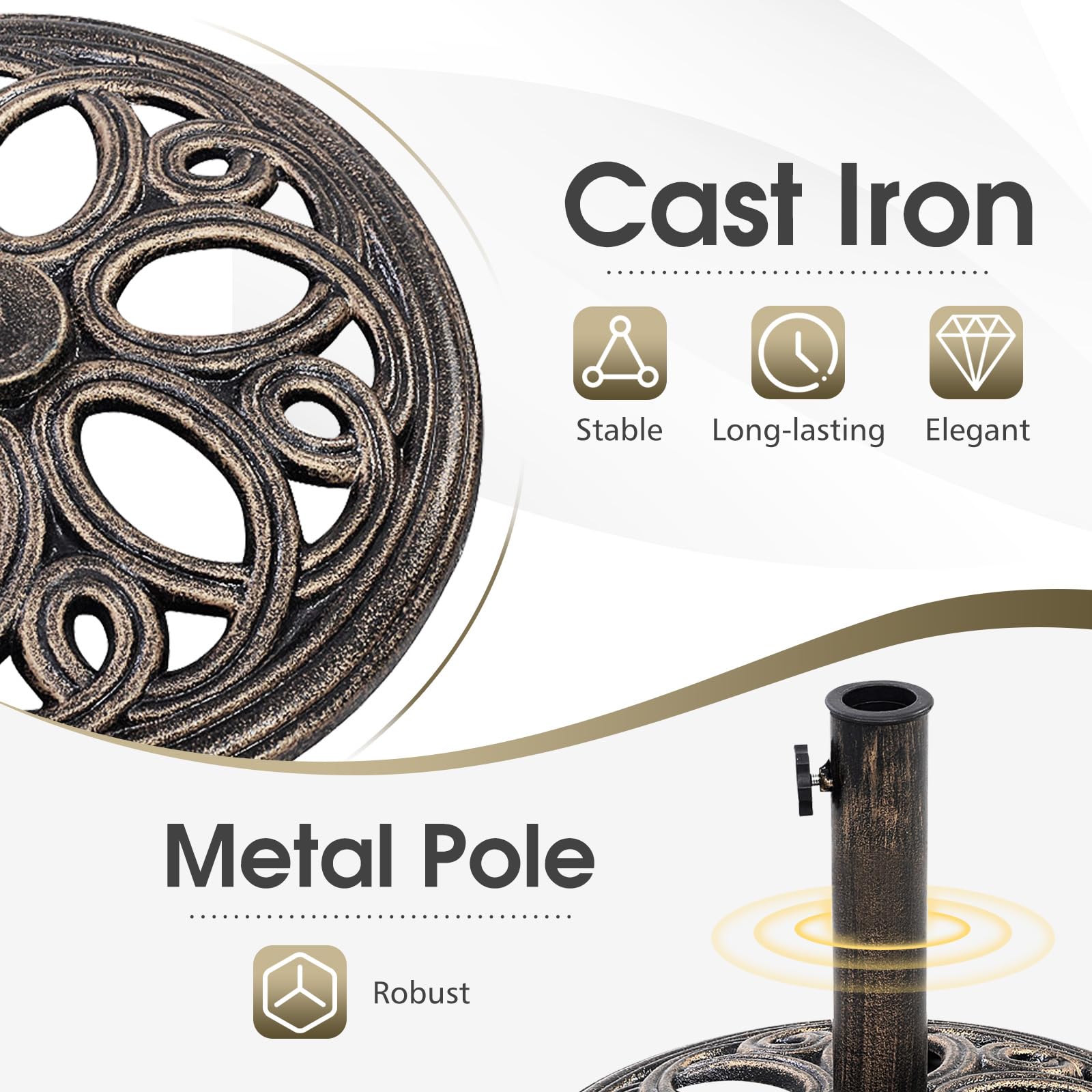 Tangkula 22 lbs Heavy Duty Umbrella Base, Round Parasol Holder with 3 Adapters for ?1.38/?1.57/?1.9 Pole, Cast Iron Umbrella Base Stand with Beautiful Decorative Pattern, Easy Setup