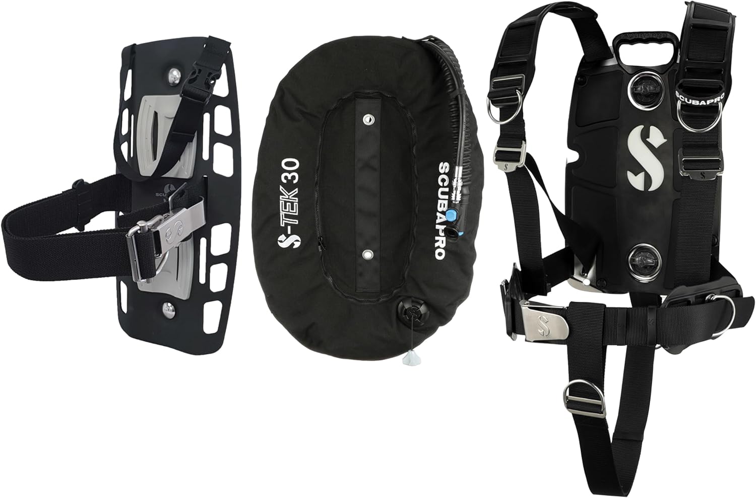 SCUBAPRO S-Tek Pro System for Technical Scuba Diving, Harness with Back Plate in Stainless Steel, Donut Wing 30 lbs/13 kg, Single Tank Adapter