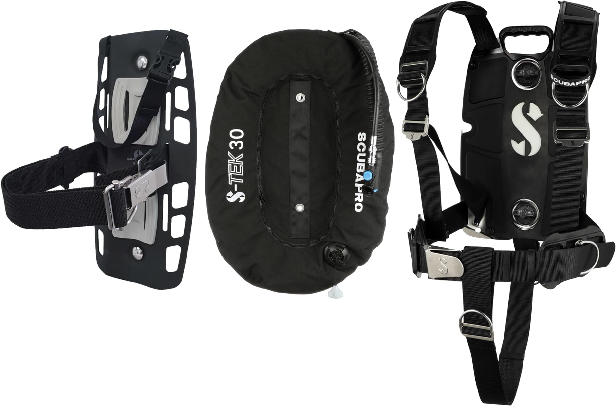 Tek Pro System for Technical Scuba Diving, Harness with Back Plate in Stainless Steel, Donut Wing 30 lbs/13 kg, Single Tank Adapter
