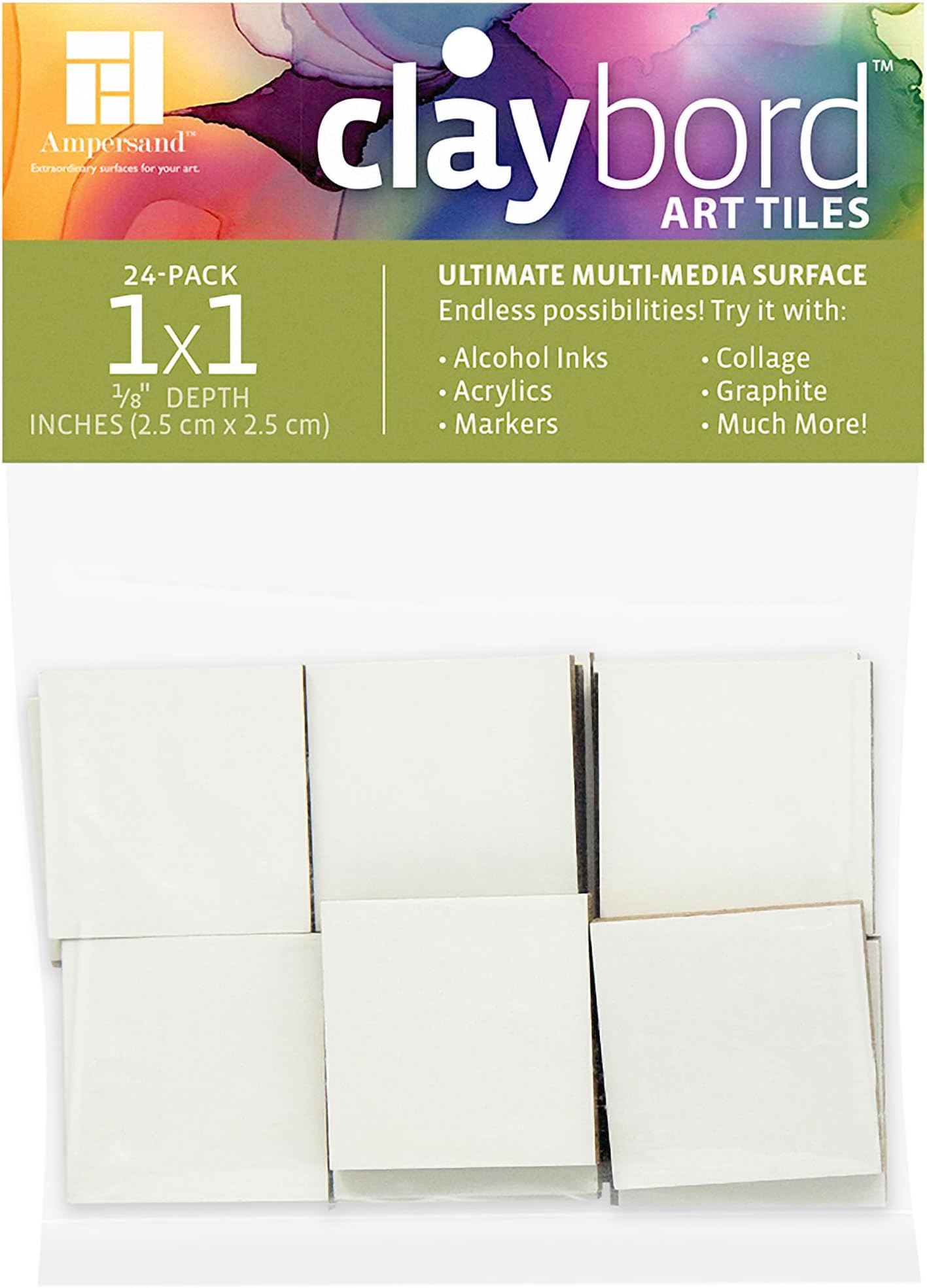 Ampersand Claybord Art Tiles, 1/8th inch Flat Profile, 1x1 inch, Pack of 24 (CBS011)