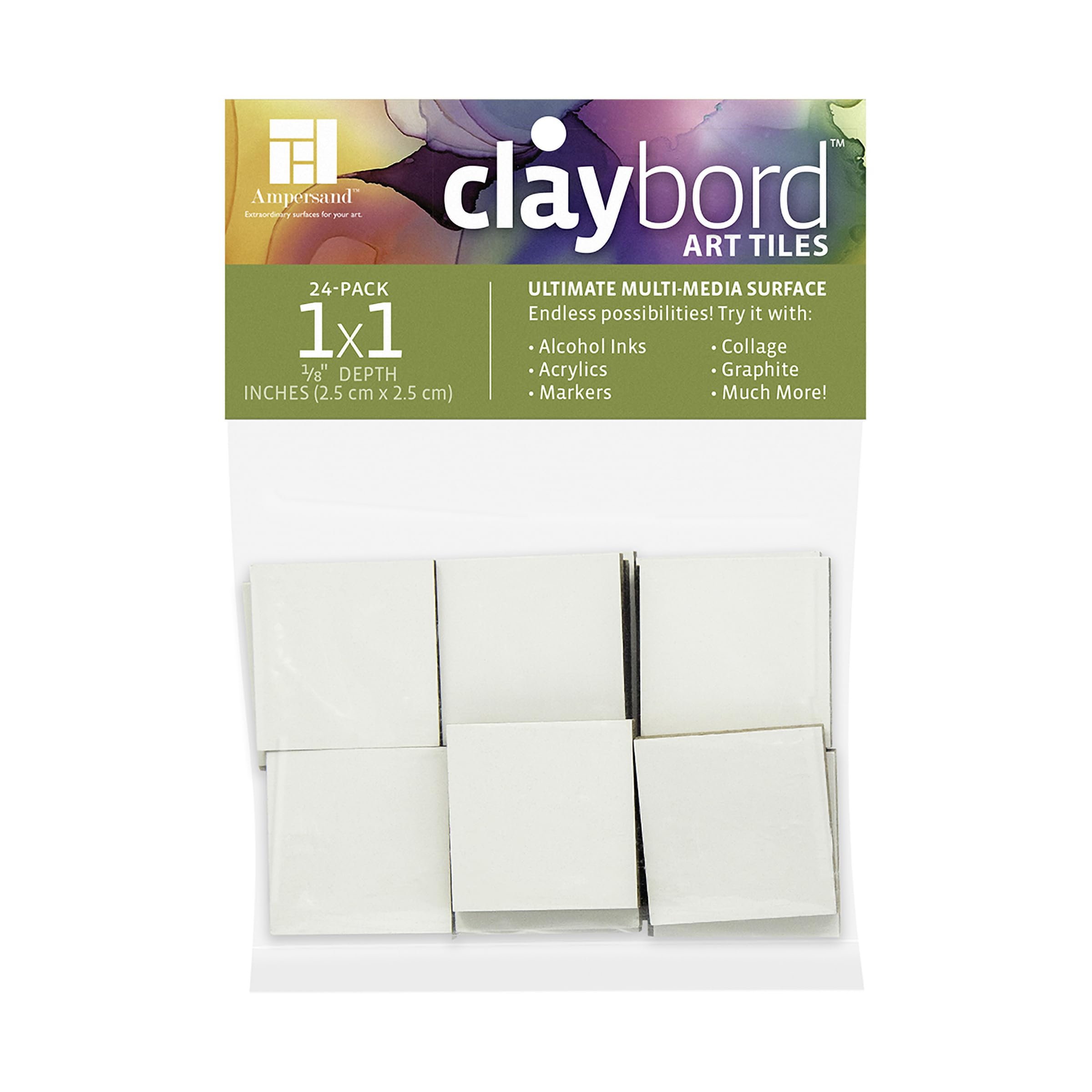 Claybord Art Tiles for Small Paintings, Crafts, Handmade Jewelry, DIY Creative Projects, and Collage, 1/8" Flat Profile, 1" x 1" - Pack of 24