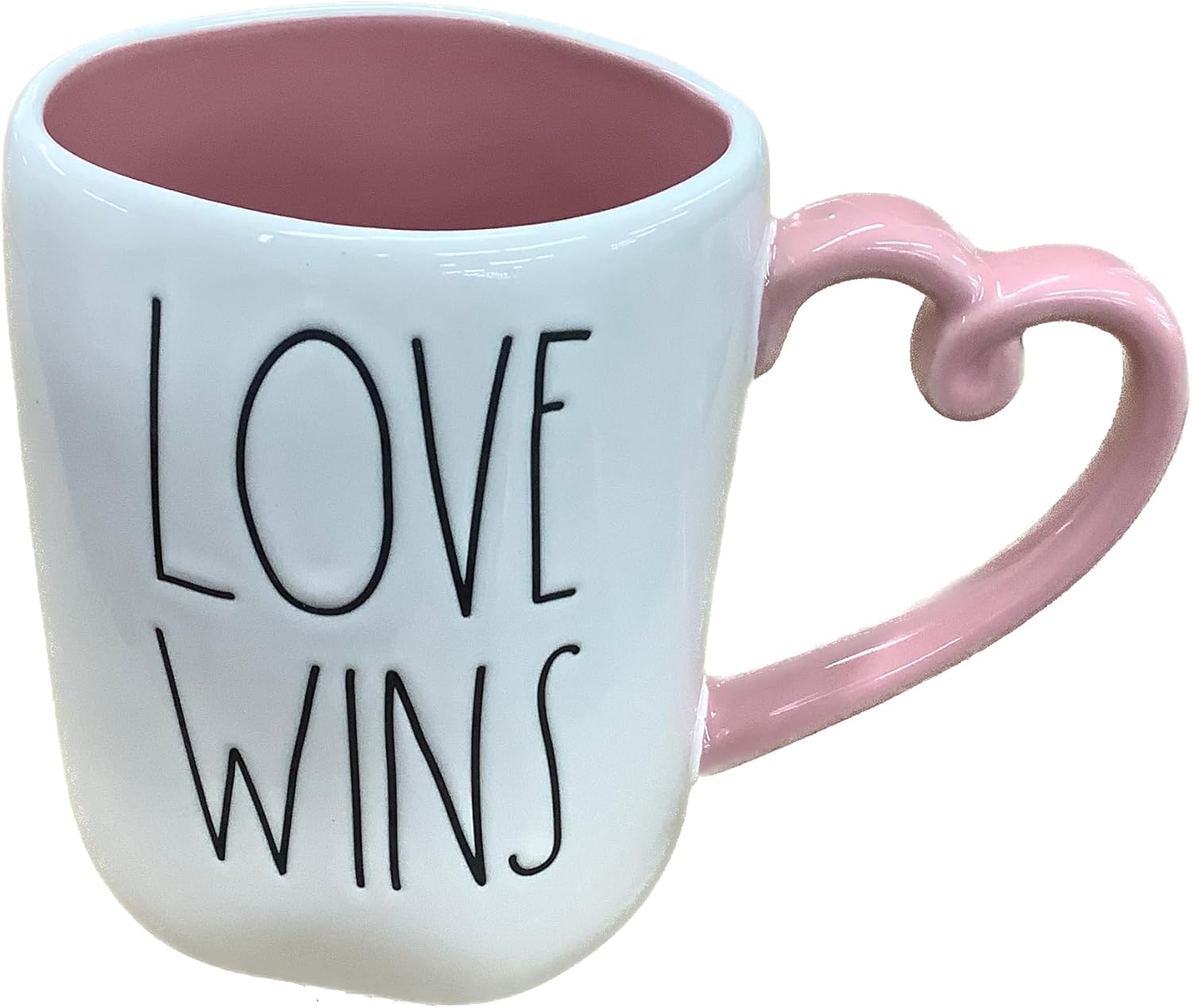 Rae Dunn Valentine's Day Coffee Mug, Love Wins, White with Heart-Shaped Handle and Pink Interior