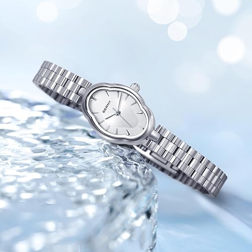 Miniatura 4 de BERNY Relojes de plata para mujer, delicado reloj de cuarzo vintage con forma de espejos de cobre, movimiento de cuarzo japonés, 3ATM, impermeable,