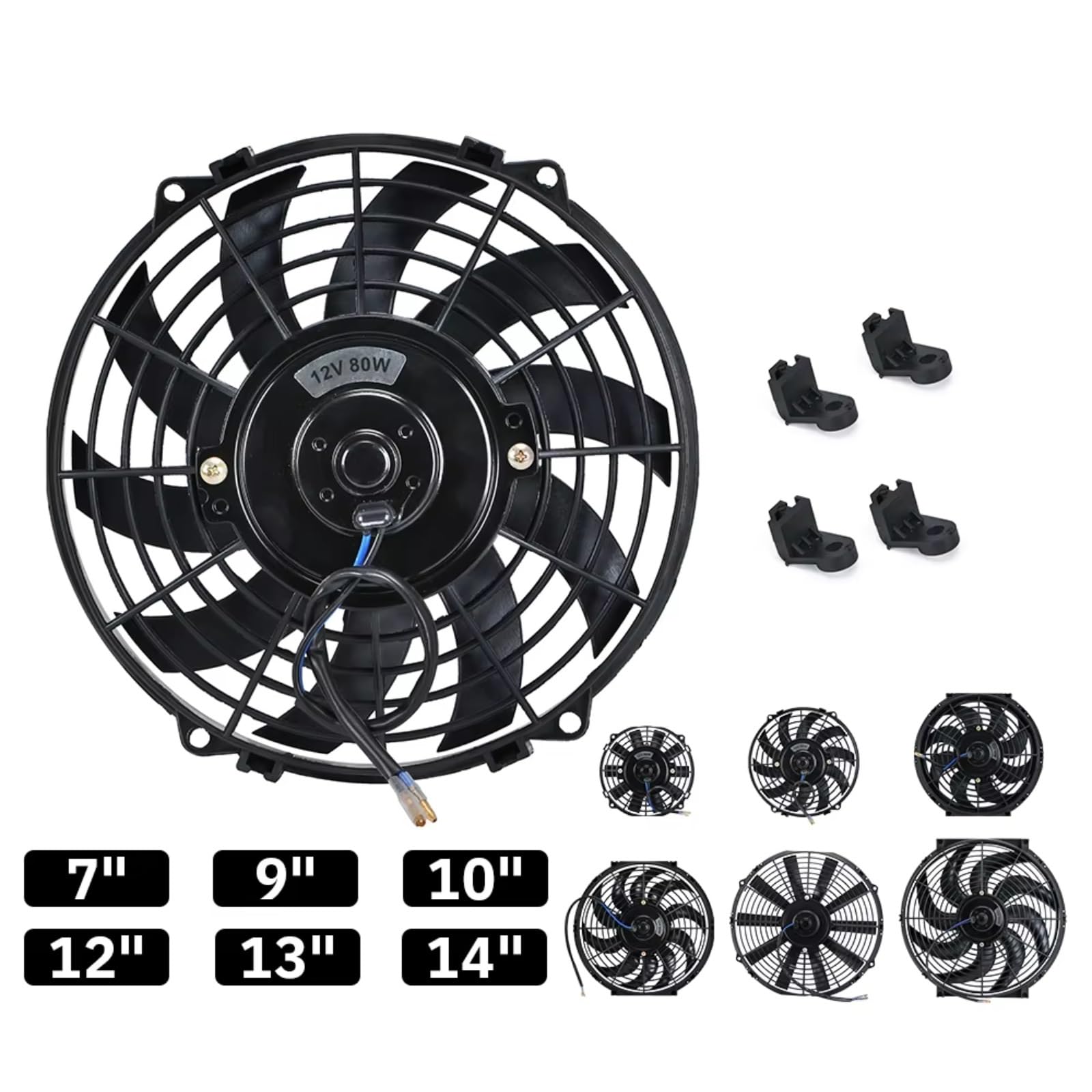 7 9 10 12 13 14 Zoll Universal 12V 80W Slim Reversible Black Blades Elektrokühlung Kühler Auto-Lüfter-Montagesatz Elektrischer Kühlerlüfter Motor