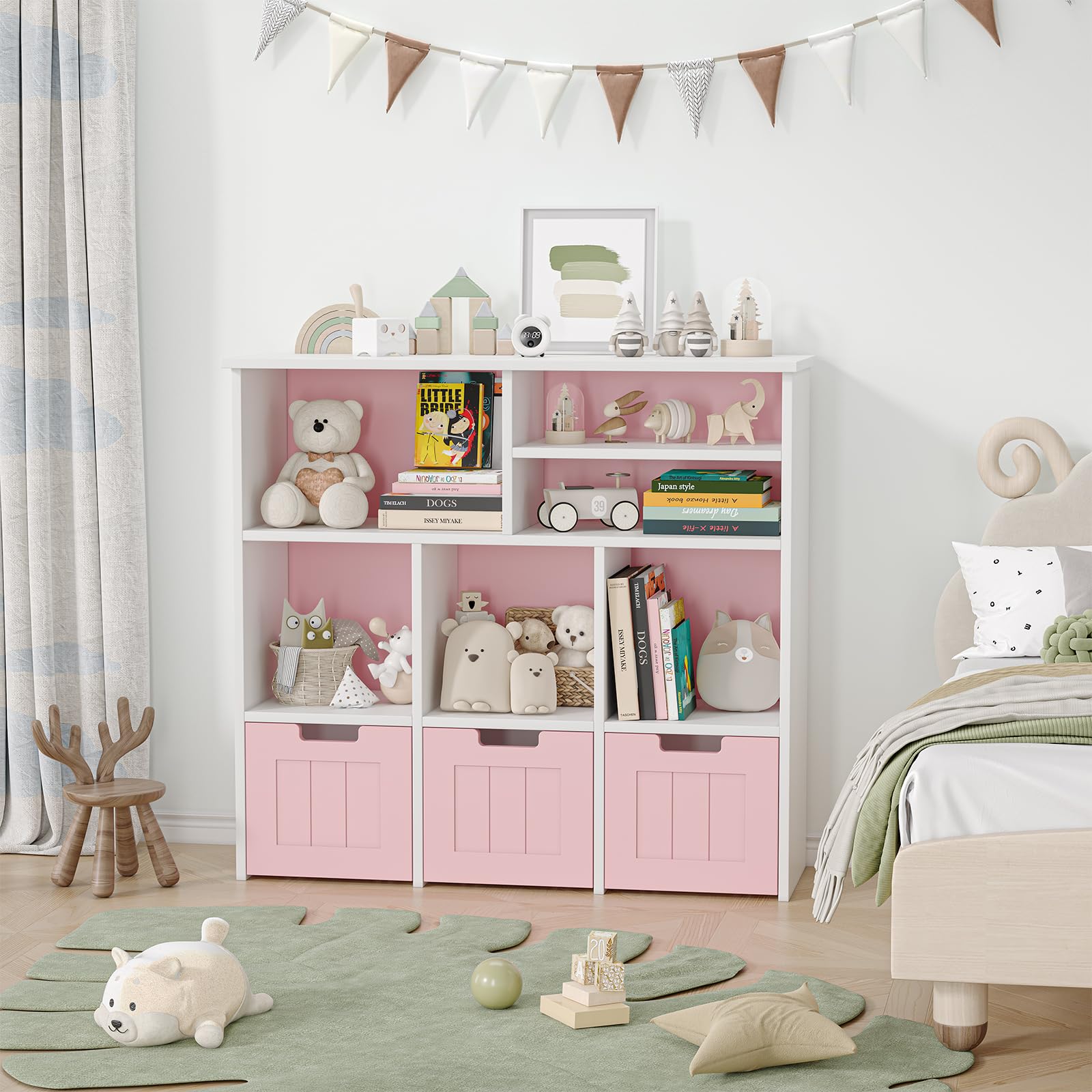 Kinderregal, Spielzeugaufbewahrung Für Kinder, Aufbewahrungsschrank, Spielzeugschrank, Aufbewahrungsbox Mit Rollen, Spielzeugregal, Kinderregal Boxen Auf Möbel, Aufbewahrungregal,100x33x89Cm,Weiß-Rosa