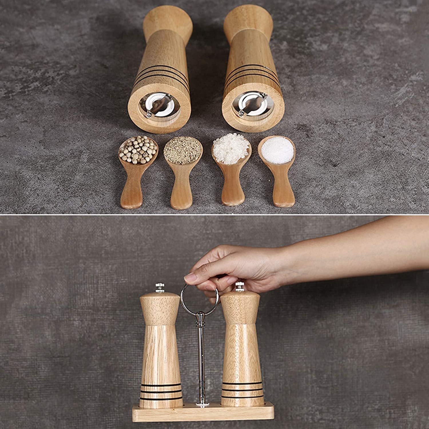Manuelle Gewürzmühle, Salz- und Pfeffermühlen-Set mit Ständer, Salz- und Pfeffermühlen mit Einstellbarer Keramik-Grobheit, Salz- und Pfeffermühlen aus Holz – 2er-Pack