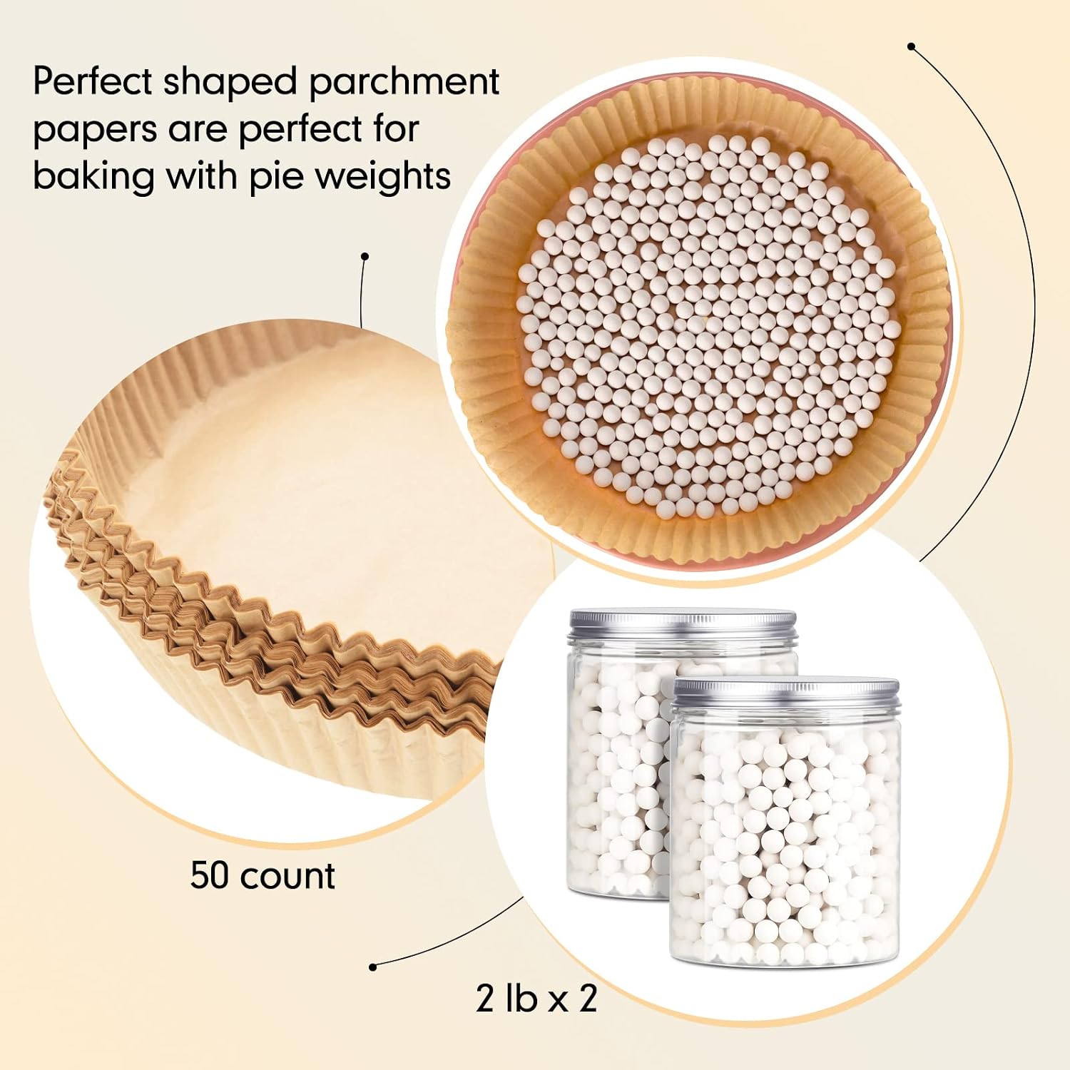 Patelai 2 Pcs 2 lb Pie Weights Ceramic, 50 Pcs Parchment Paper, White