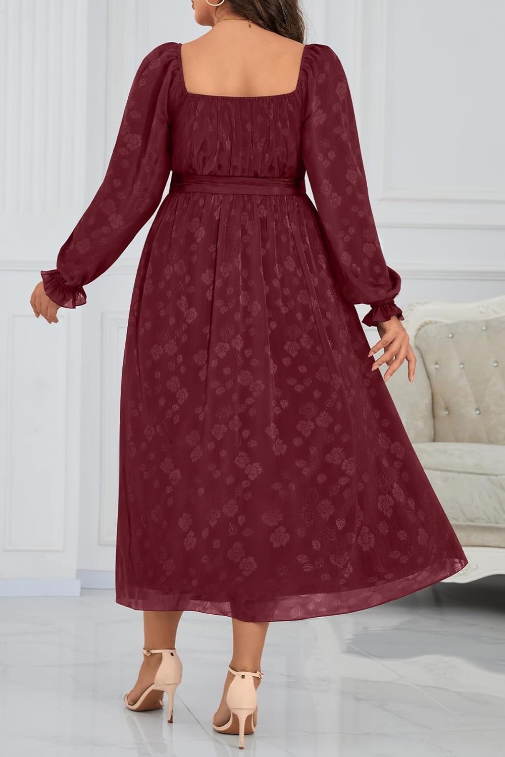 Women's Plus Size Fall Dress - Wedding Guest Long Sleeve Midi Semi Formal Square Neck Flowy Dresses - Image 2