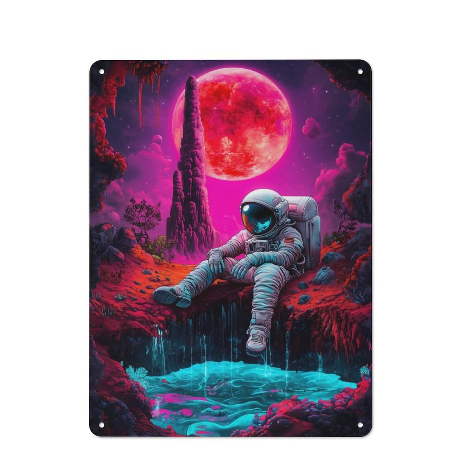 Junmoney Astronaut Under Red Moon Vintage-Inspired Tin Sign 40X30cm For Garage Or Workshop, For Garage, Workshop And Man Cave Decoration