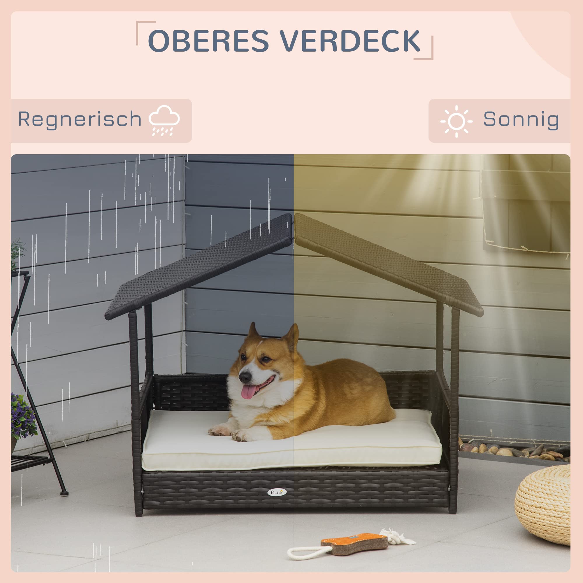 PawHut Rattan Hundeliege Outdoor mit Dach 69 x 98 x 70 cm Kaffee-Braun | Erhöhtes Hundebett, Kühlende Haustierliege mit Metallrahmen, Abnehmbare Kissen, für Kleine und Mittelgroße Hunde