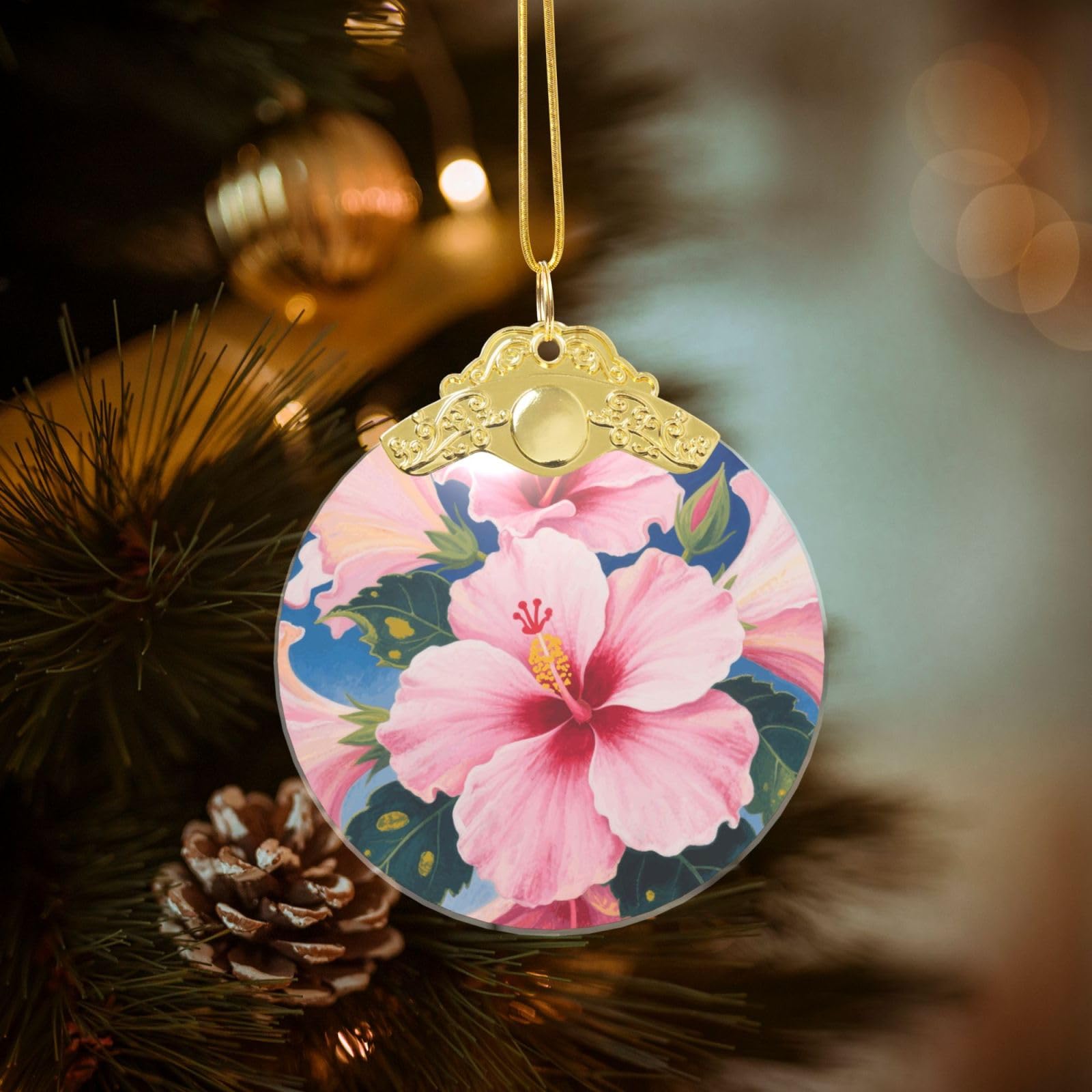2025 Christmas Tree Ornament Round Glass Xmas Hanging Pendant for Xmas Tree Decoration,Blooming Hibiscus Cute Holiday Hanging Decorations Keepsake for New Year Family Party Wedding Decor