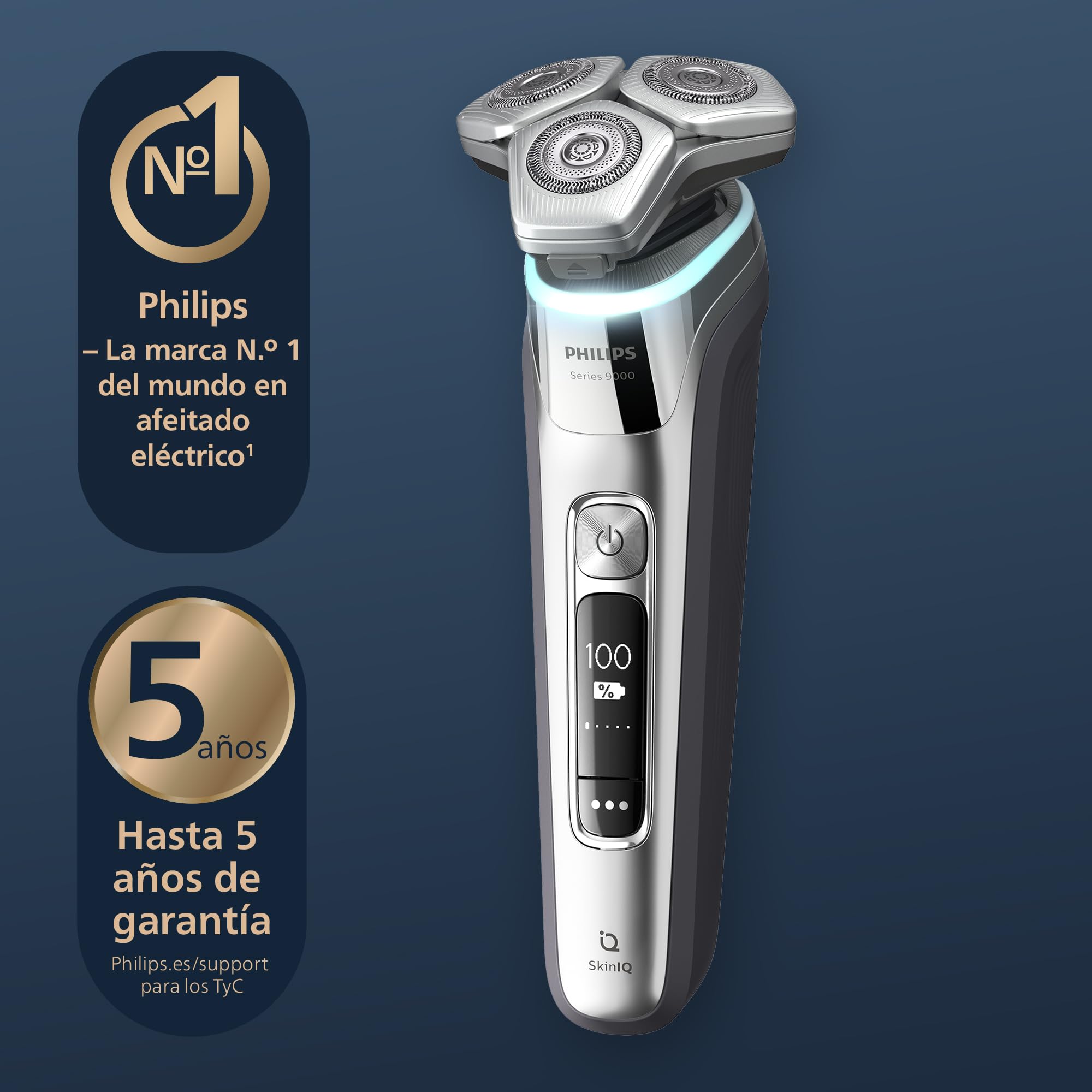 Philips Serie 9000 Afeitadora Eléctrica Hombre, Máquina de Afeitar Barba con Recortadora, 72 cuchillas, Para piel sensible, 60min de uso, En Seco y Húmedo, Recargable, Base Carga, S9975/35, Cromo