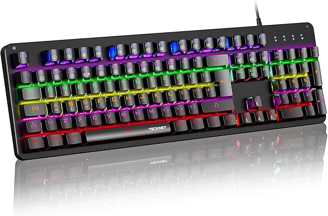 TECKNET Mechanical Gaming Keyboard UK Layout 105 Keys Blue Switch, RGB Wired Keyboard Full Anti-ghosting, 15 LED Backlit Modes for Gamers and Typists