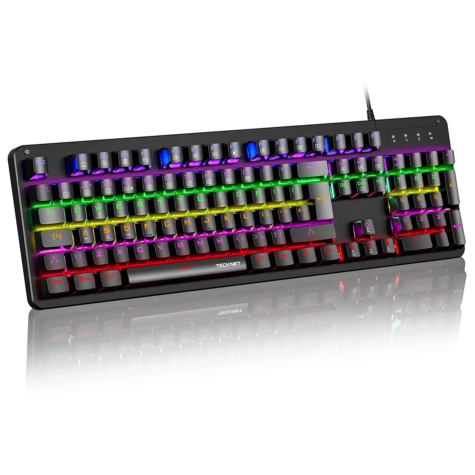 TECKNETKUMARA Mechanical Keyboard Full Anti-Ghosting Gaming Keyboard Rainbow LED Wired USB Keyboard, 105 Keys, Aluminium Metal Panel with Detachable Wrist Rest for Gamers and Typists UK Layout
