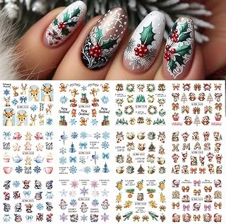 Christmas Nail Art Stickers Snowflake Nail Decals Water Transfer Winter Nail Art Decoration Supplies Gingerbread Man Deer Bow Tree Santa Claus Xmas Nail Design Sliders Manicure Decals for Women 12PCS