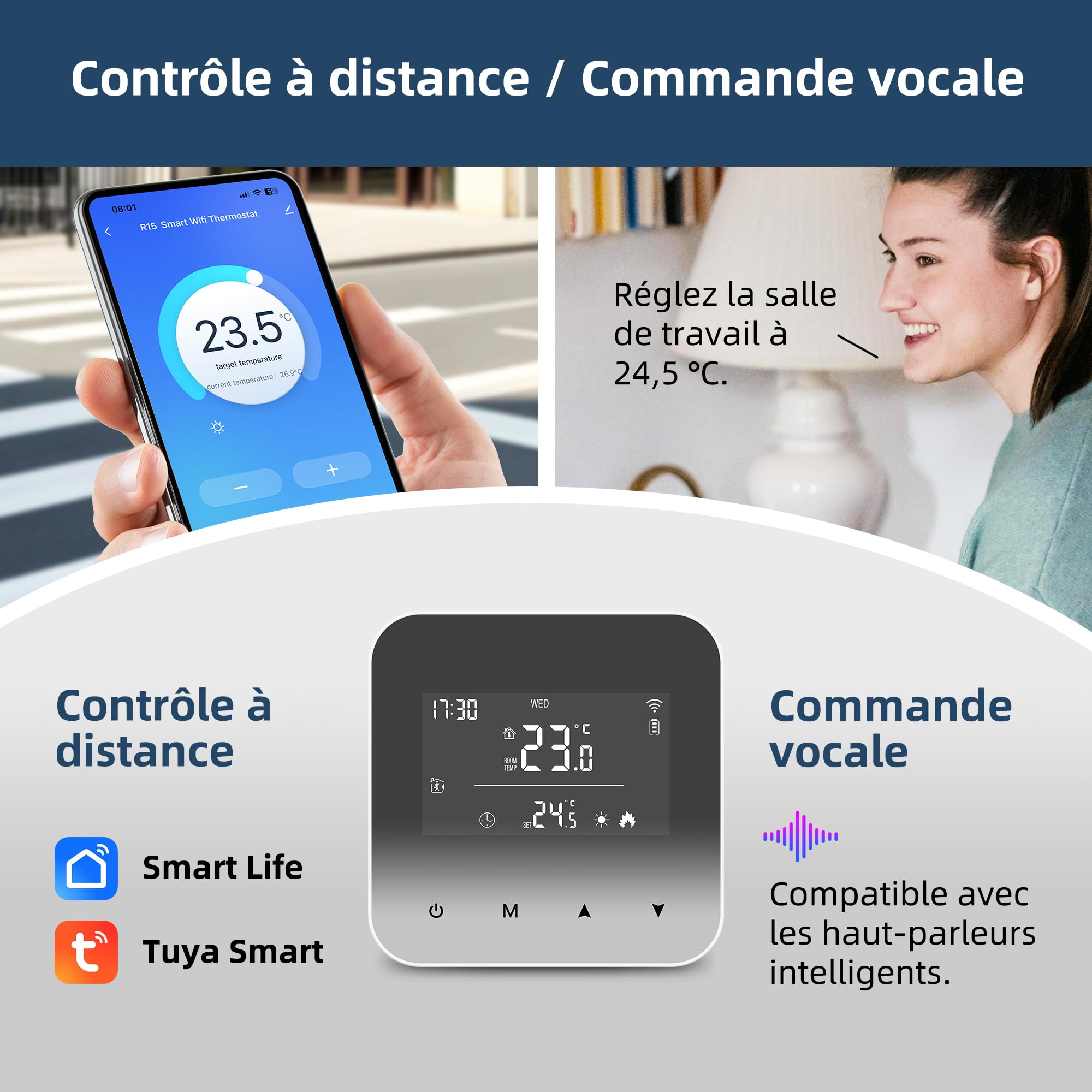 Beok Thermostat WiFi pour chaudières gaz et fioul,Thermostat Mural à 2 Fils,Programmation Quotidienne,Alimentation par Pile ou USB,Compatible avec Tuya Smart APP,Alexa