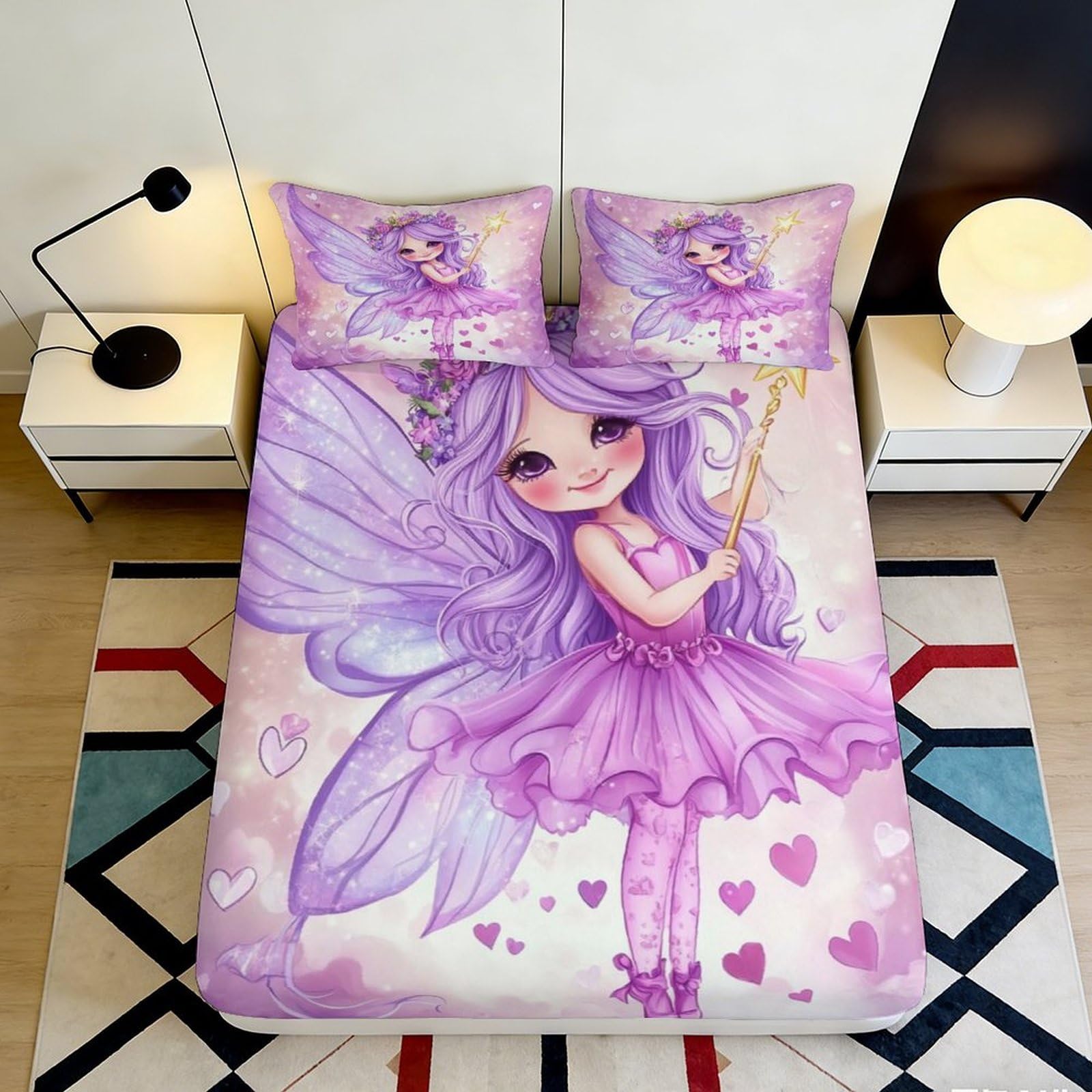 3D Printed Purple Fairy Fitted Sheet Microfiber Soft Anti-Slip Princess Cartoon Bed Cover for Bedroom Guest Room 90x200x25cm
