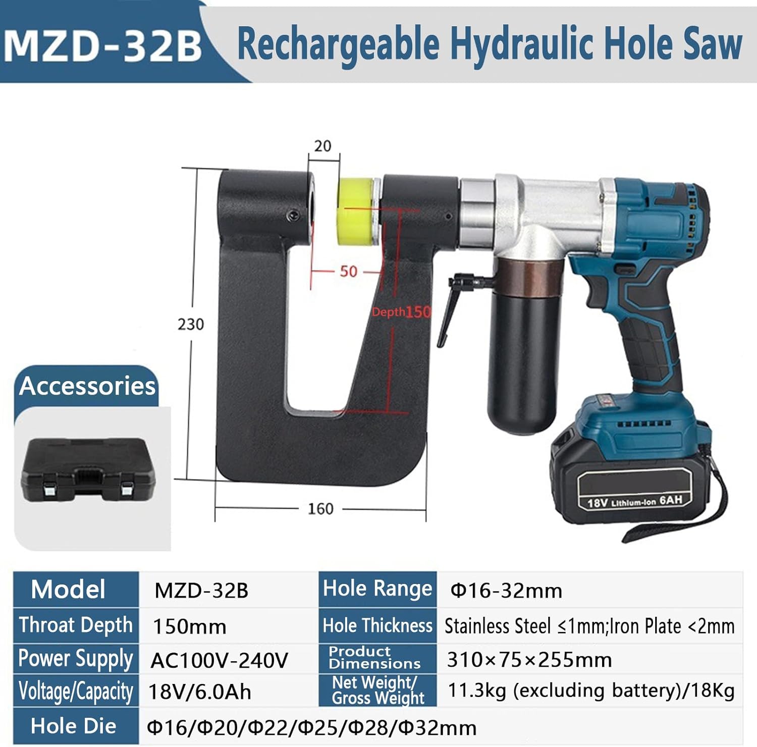 Electric Hydraulic Hole Puncher Hydraulic Metal Hole Punch Machine Cordless Hydraulic Hole Punch for Punch Holes in Steel Iron and Aluminum Plate with 6 Molds