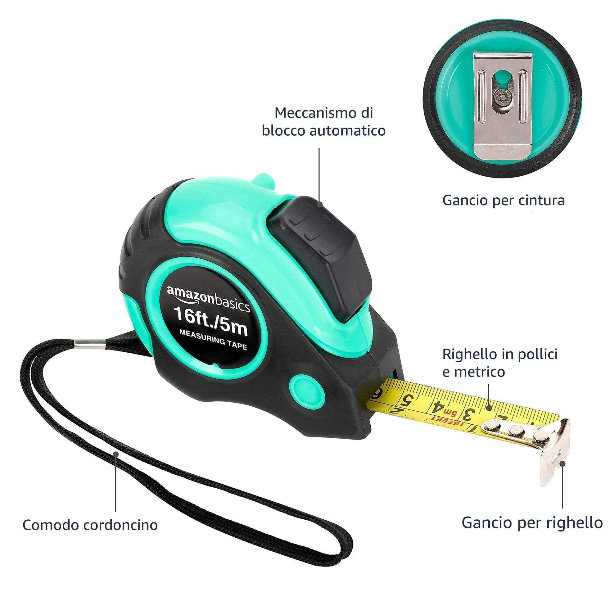 Amazon Basics Metro a nastro, 5 m, turchese