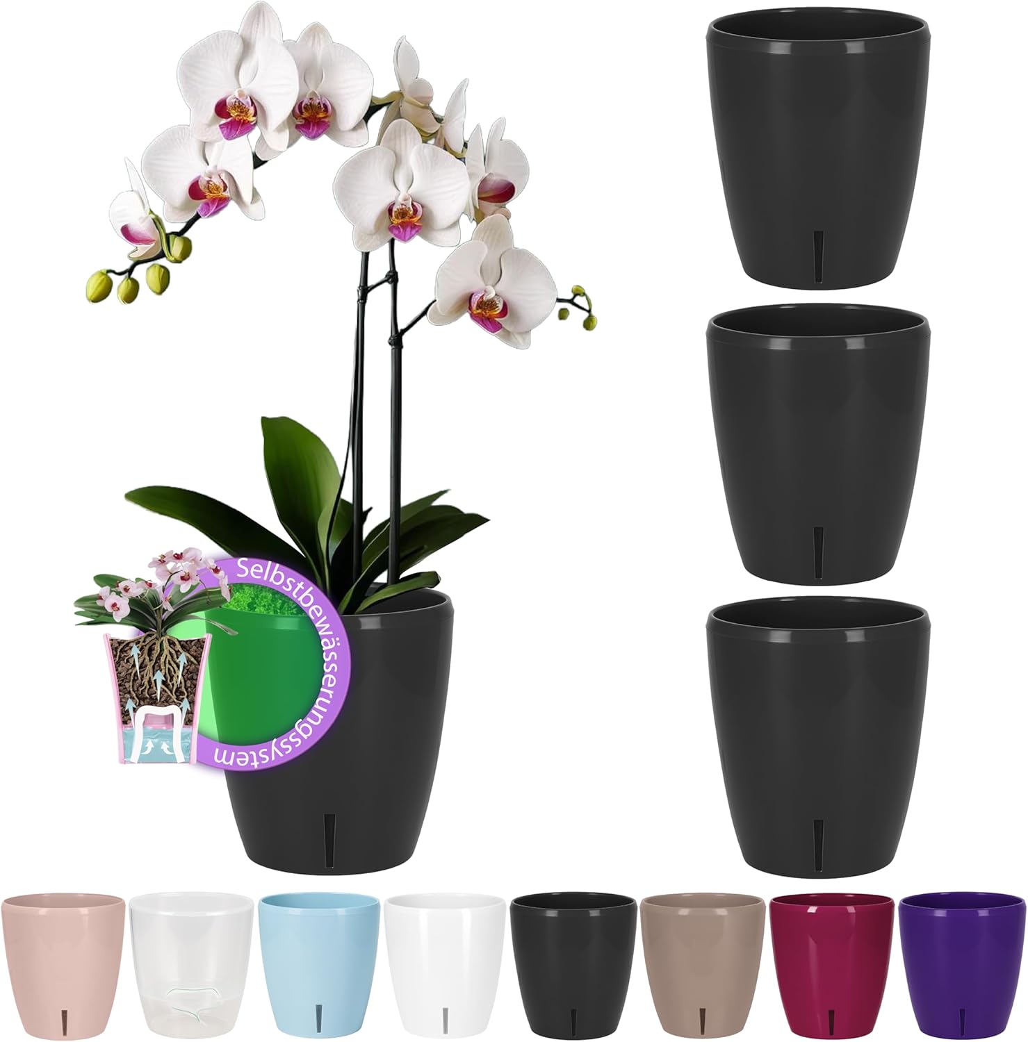 Santino 4er-Set Selbstbewässernder Topf mit Dochtsystem und Wasserstandsanzeige für den Innenbereich, Orchideentopf D 15cm (Anthracite, 2L)