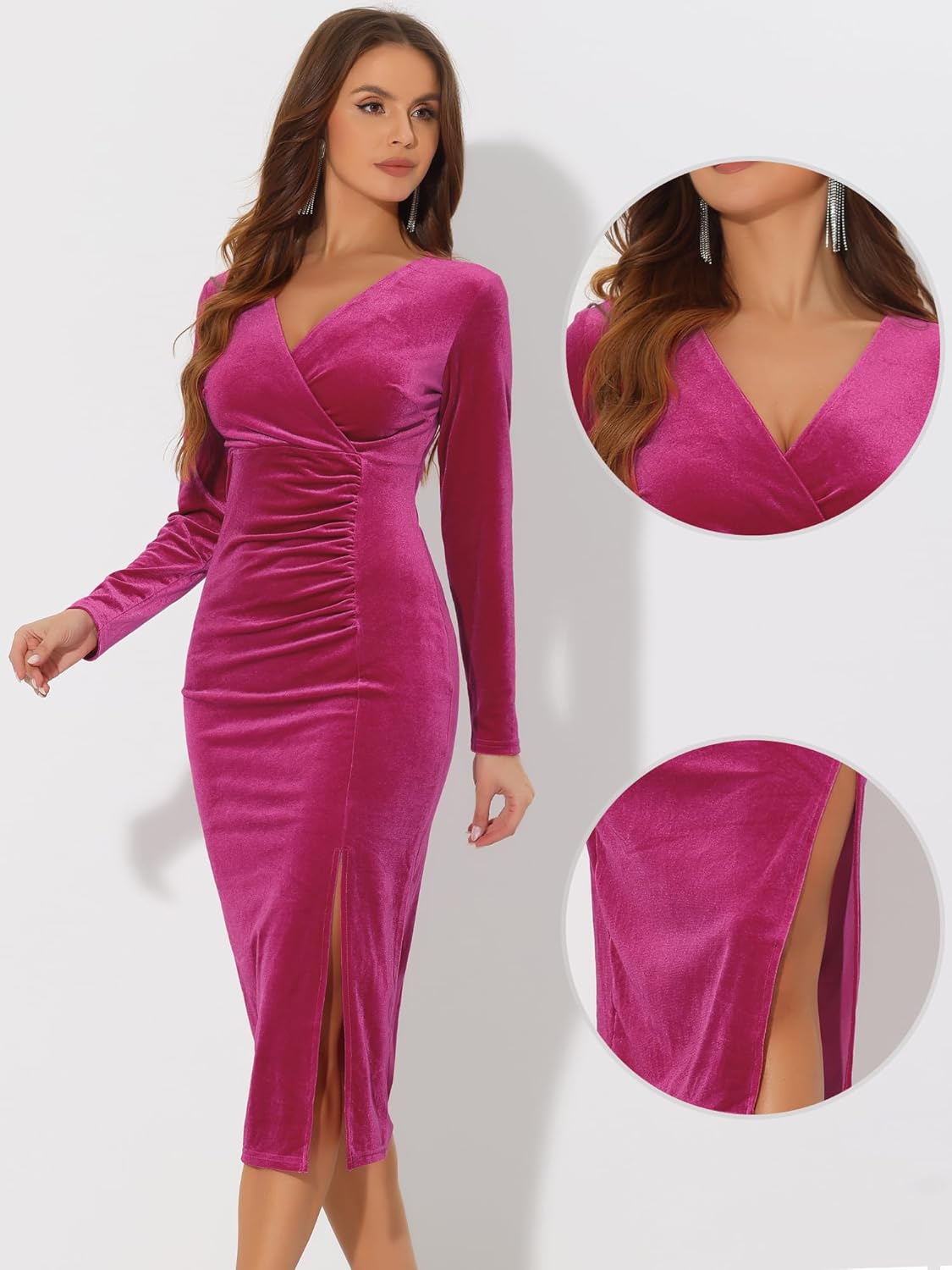Allegra K Velvet Dress for Women's Long Sleeves V Neck Wrap Ruched Split Cocktail Evening Dresses - Image 2