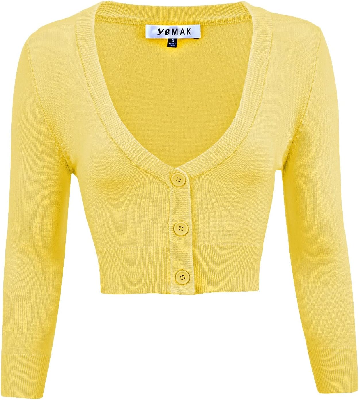 YEMAK Women’s Cropped Bolero Cardigan – 3/4 Sleeve V-Neck Basic Classic Casual Button Down Knit Soft Sweater Top (S-4XL)