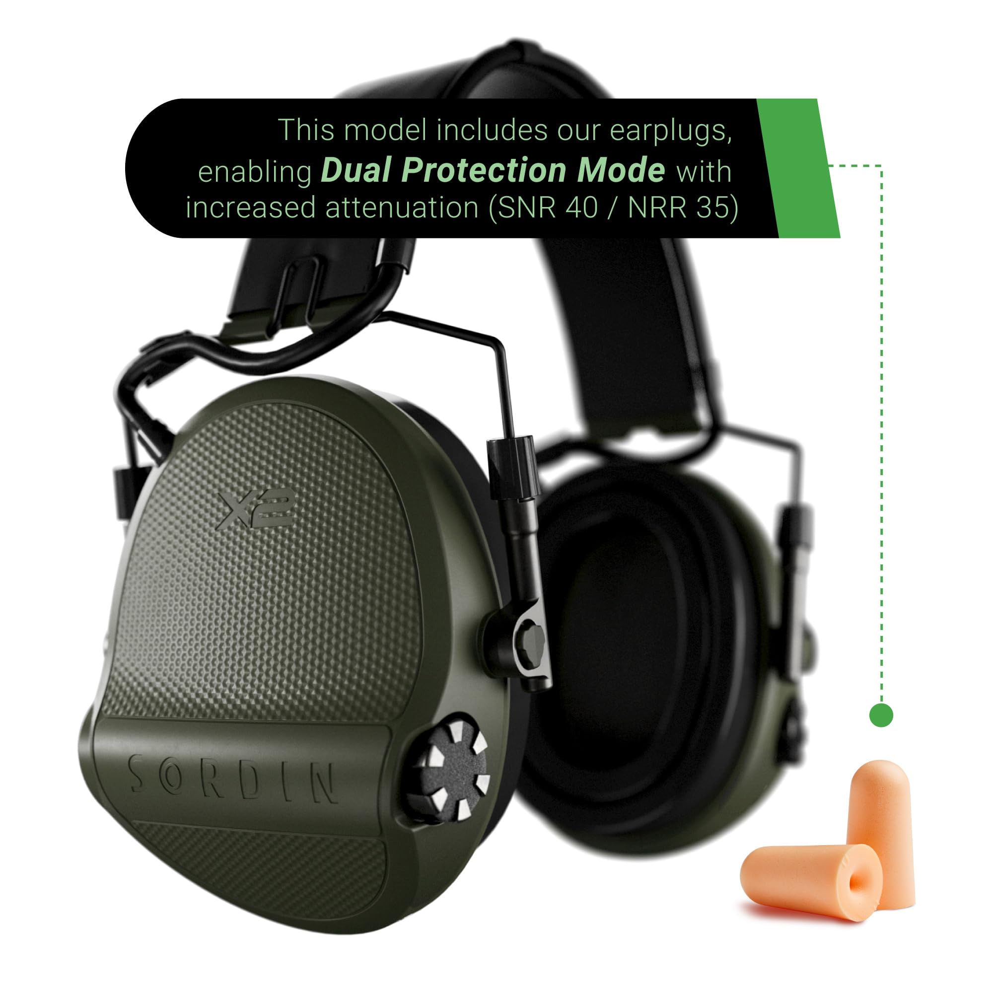 Sordin Supreme X2 (301004-10G-AMA) - Protezione acustica elettronica, con cuscinetti in gel e archetto in pelle, doppia modalità di protezione, 4 modalità audio (SNR 29/NRR 23)